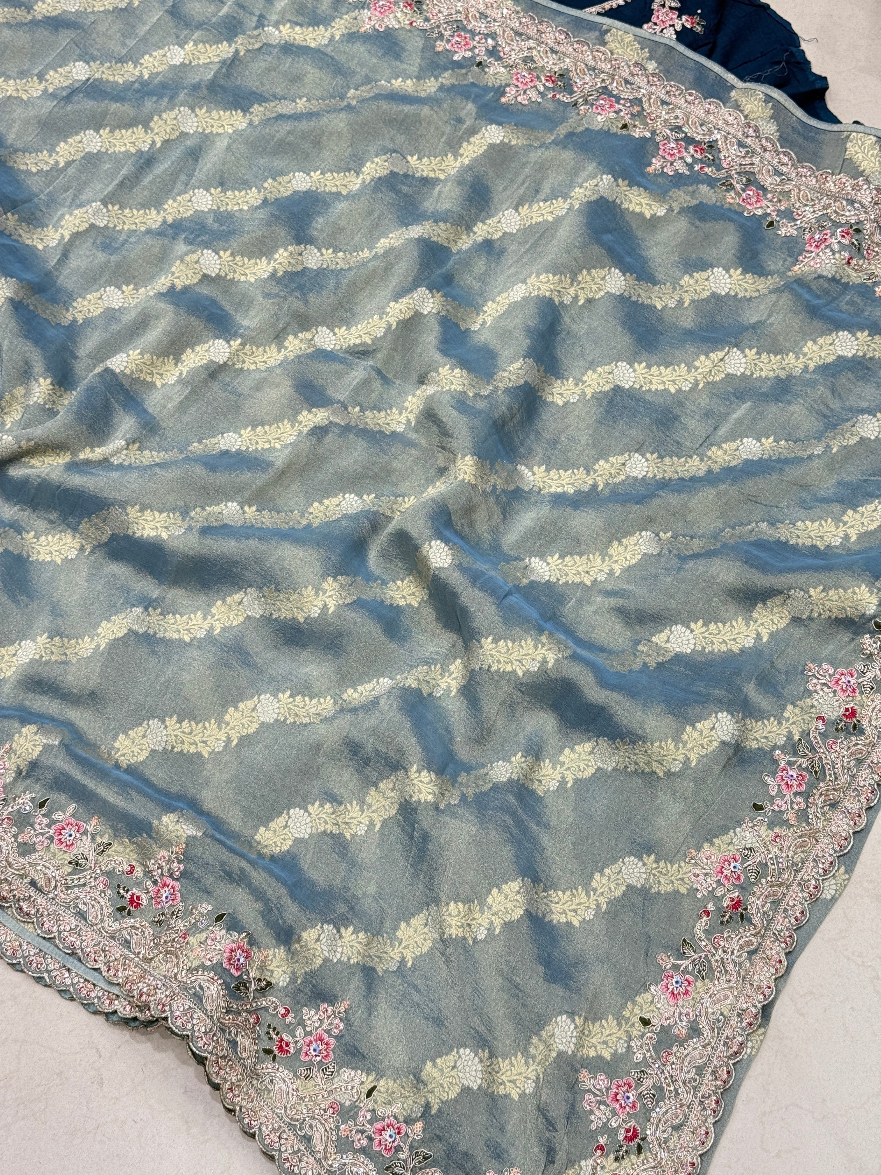 Sea Blue Tissue Weaved Resham Zari Embroidery Saree