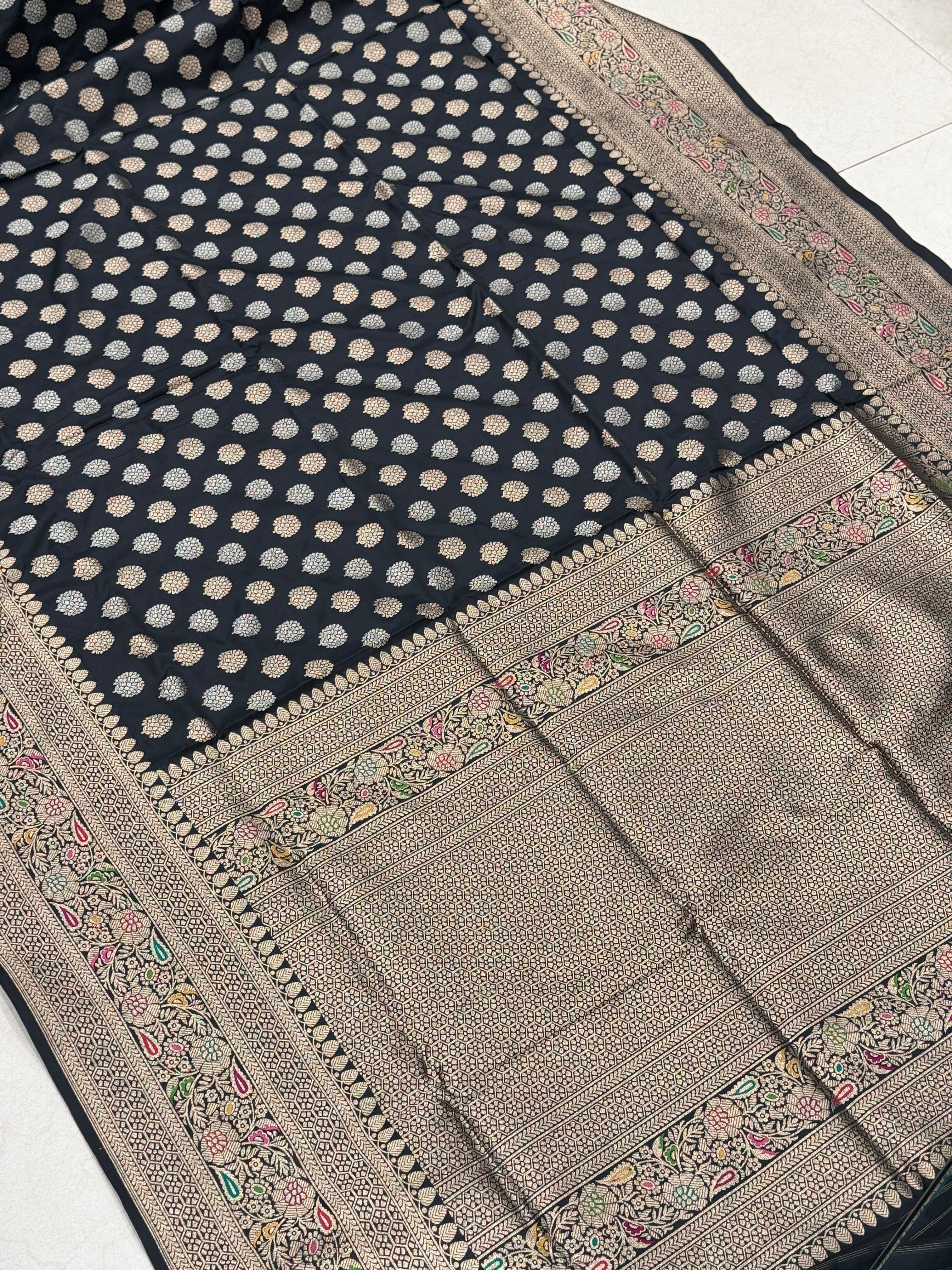 Black Butti Banarasi Silk Meena Border Saree