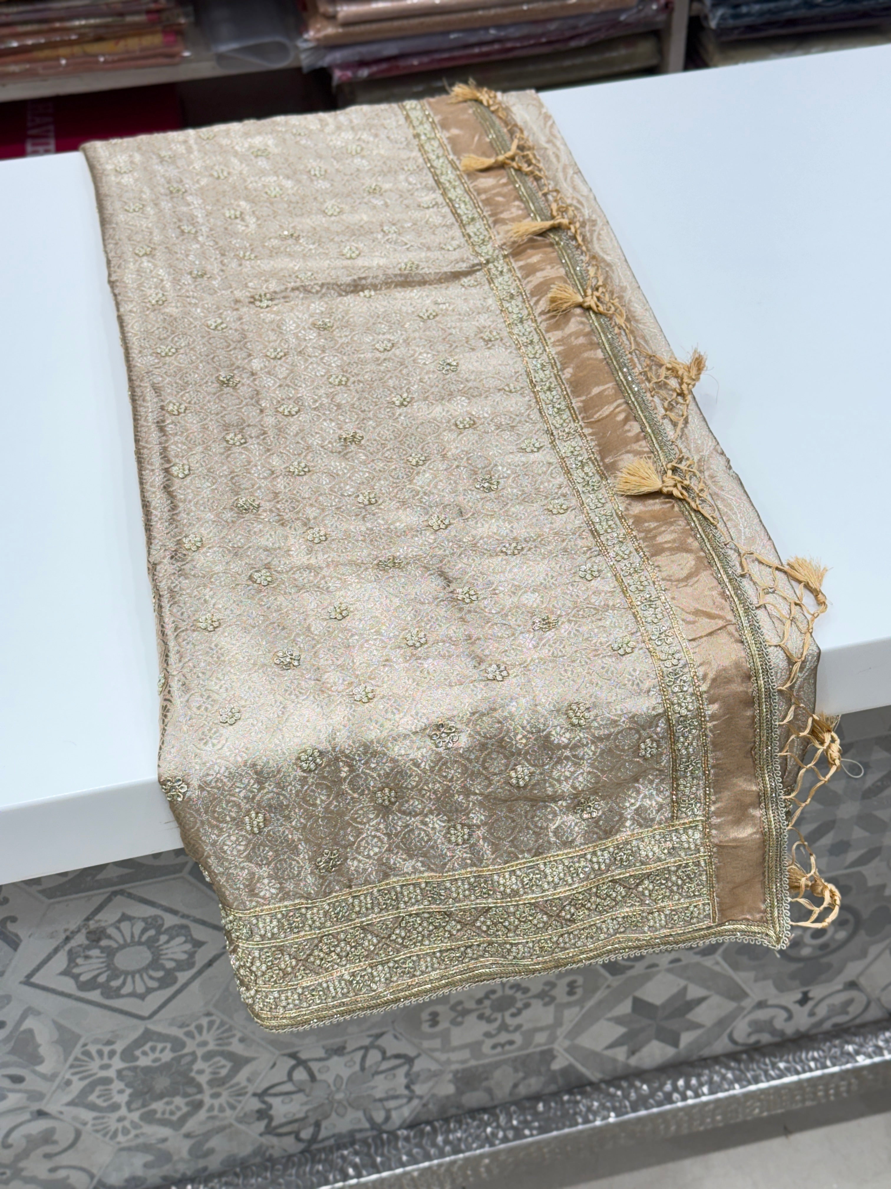 Nude Pink Silver Tissue Kanjivaram Moti Hand Embroidery Saree