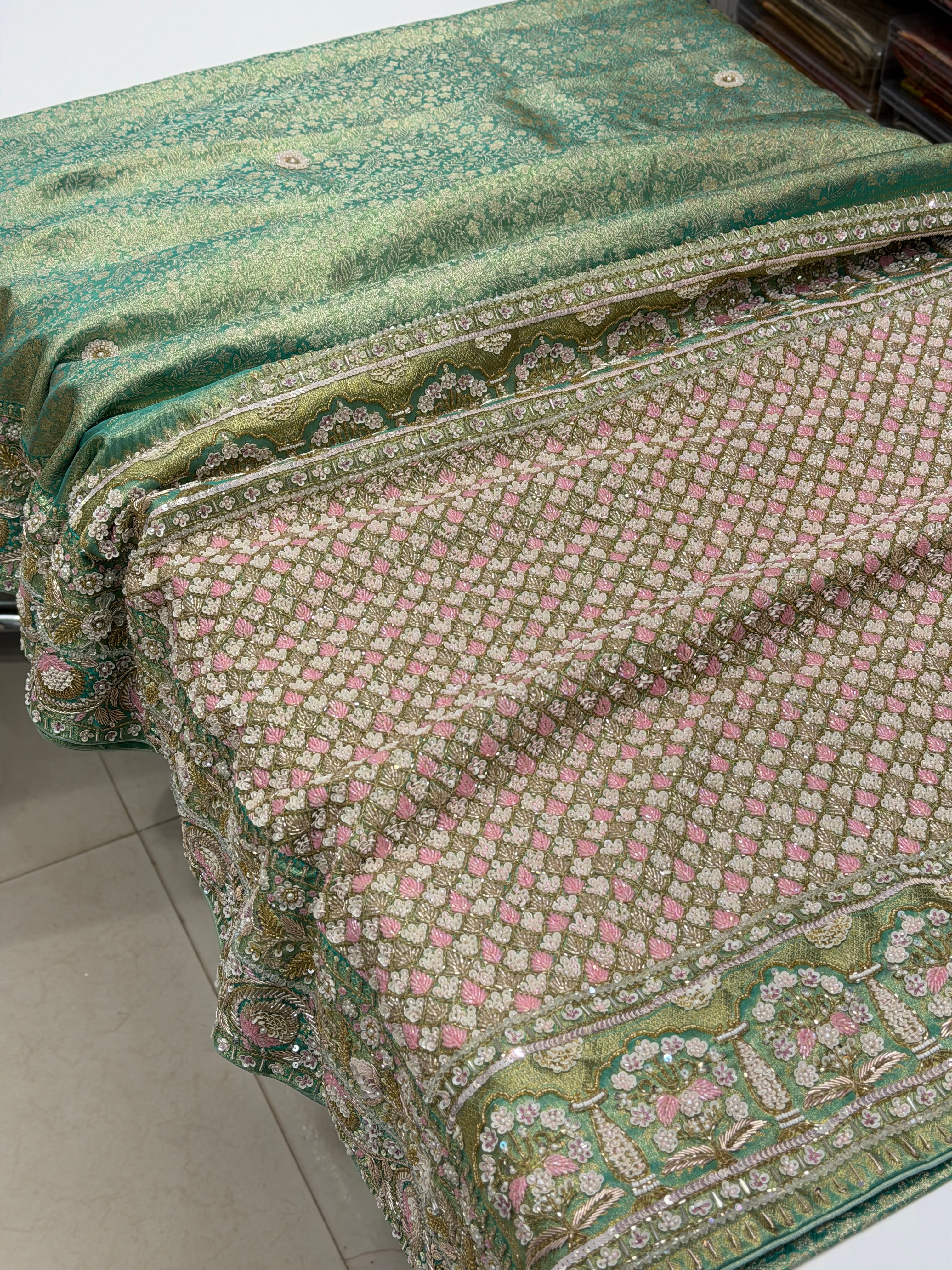 Pista Green Floral Tissue Kanjivaram Hand Embroidery Saree