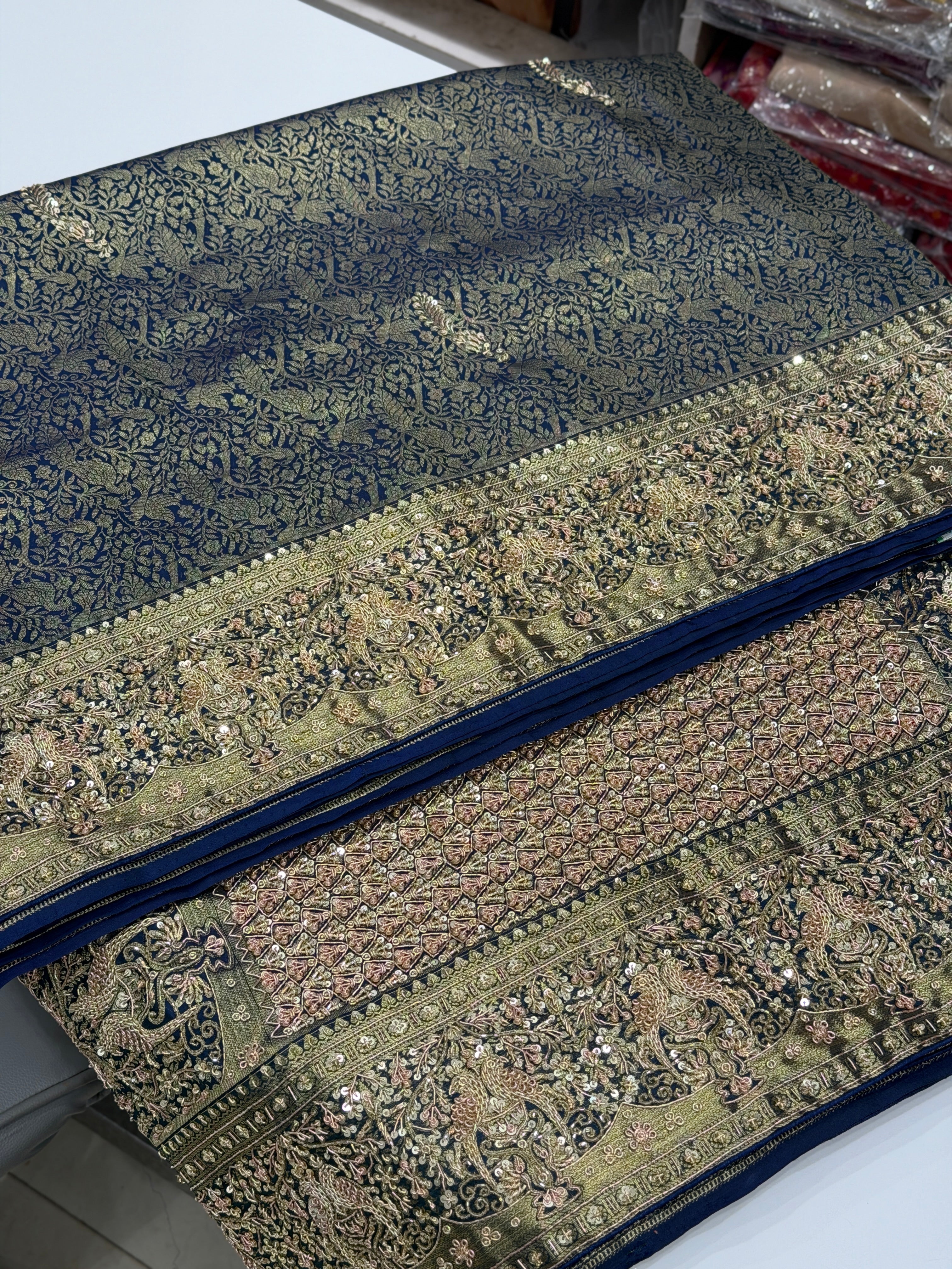 Blue Kanjivaram Motif Hand Embroidery Zardosi Saree