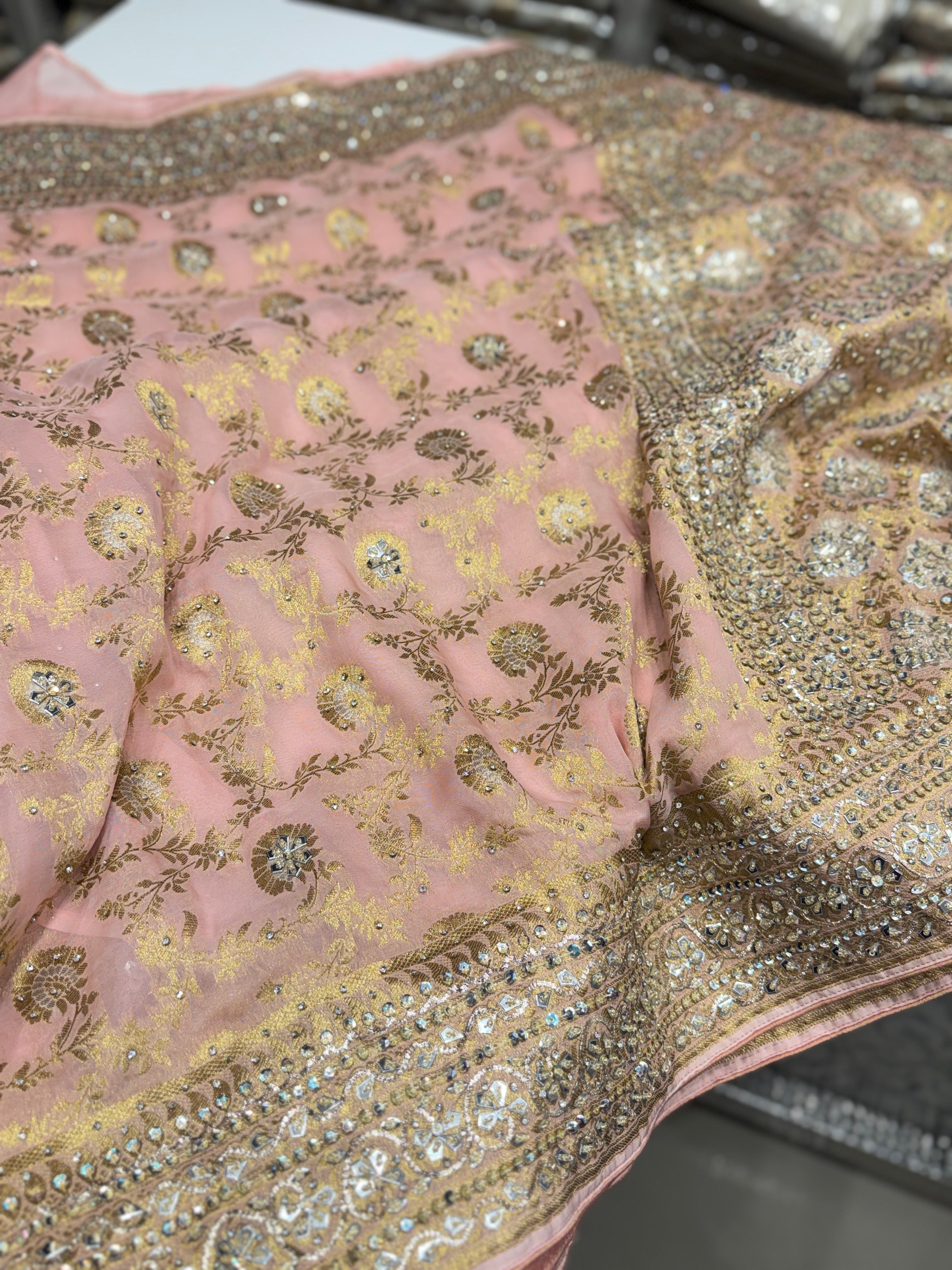 Pink Banarasi Khaddi Georgette Pita Zardosi Hand Embroidery Saree