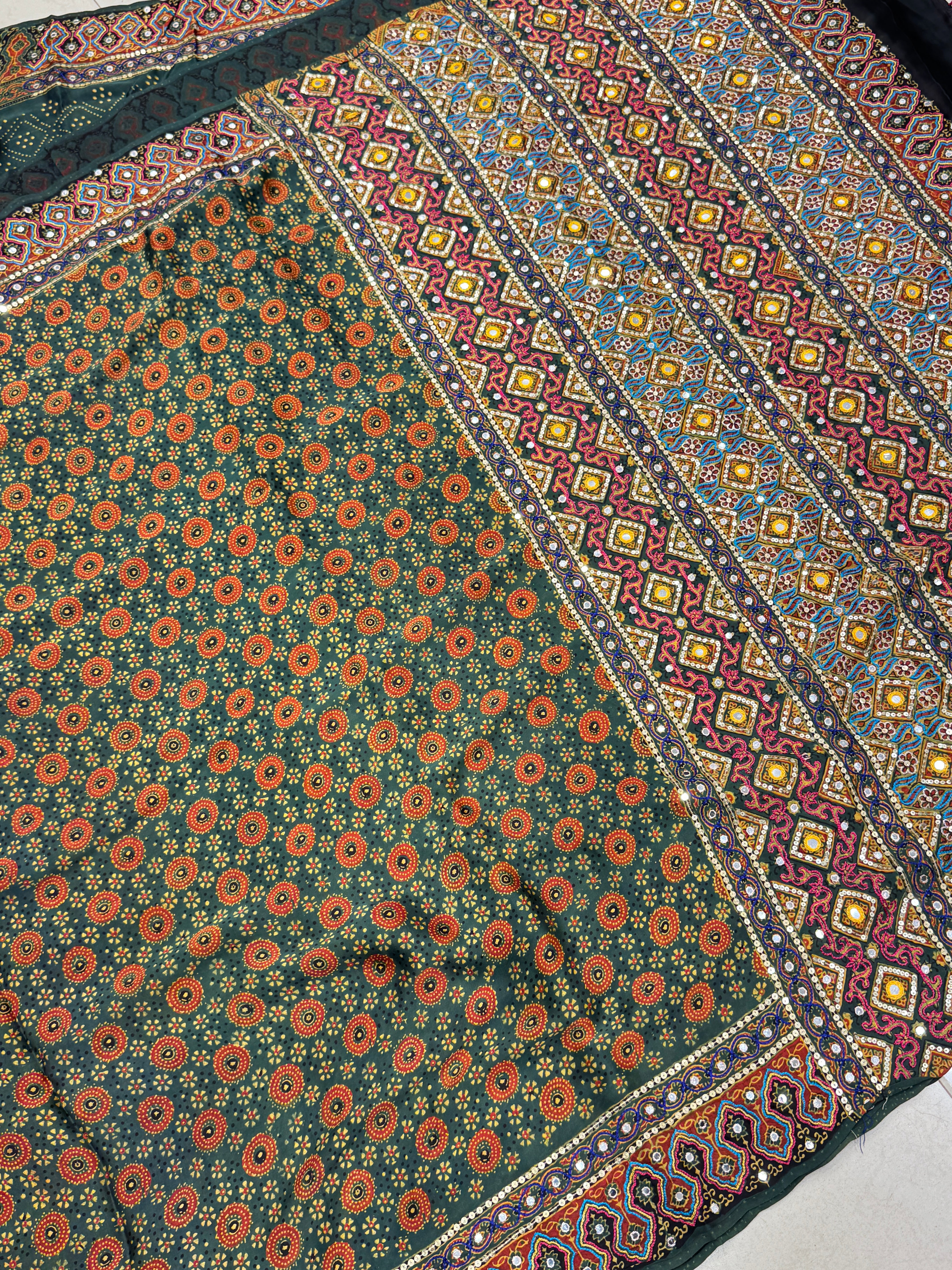 Green Kutchi Hand Embroidery Ajrakh Saree