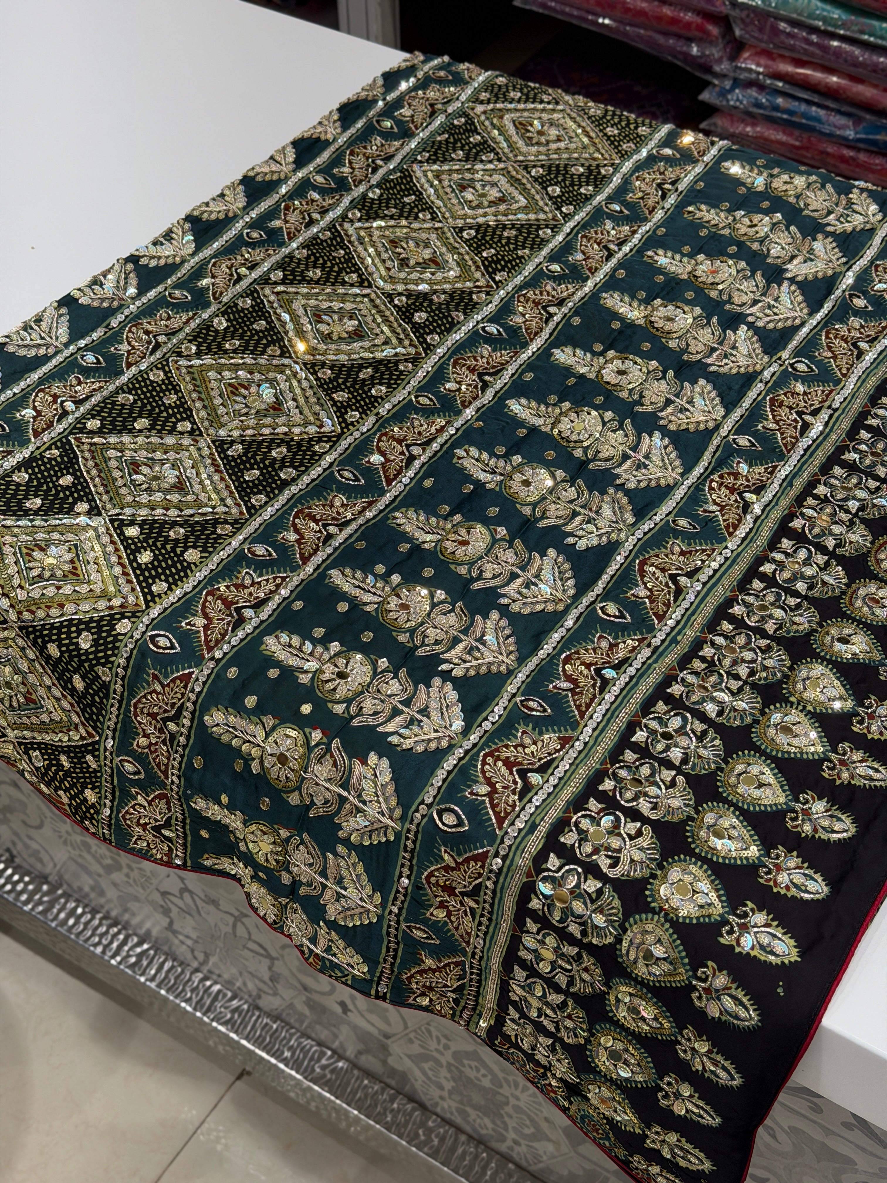 Bottle Green Pita Sequin Ajrakh Hand Embroidery Saree