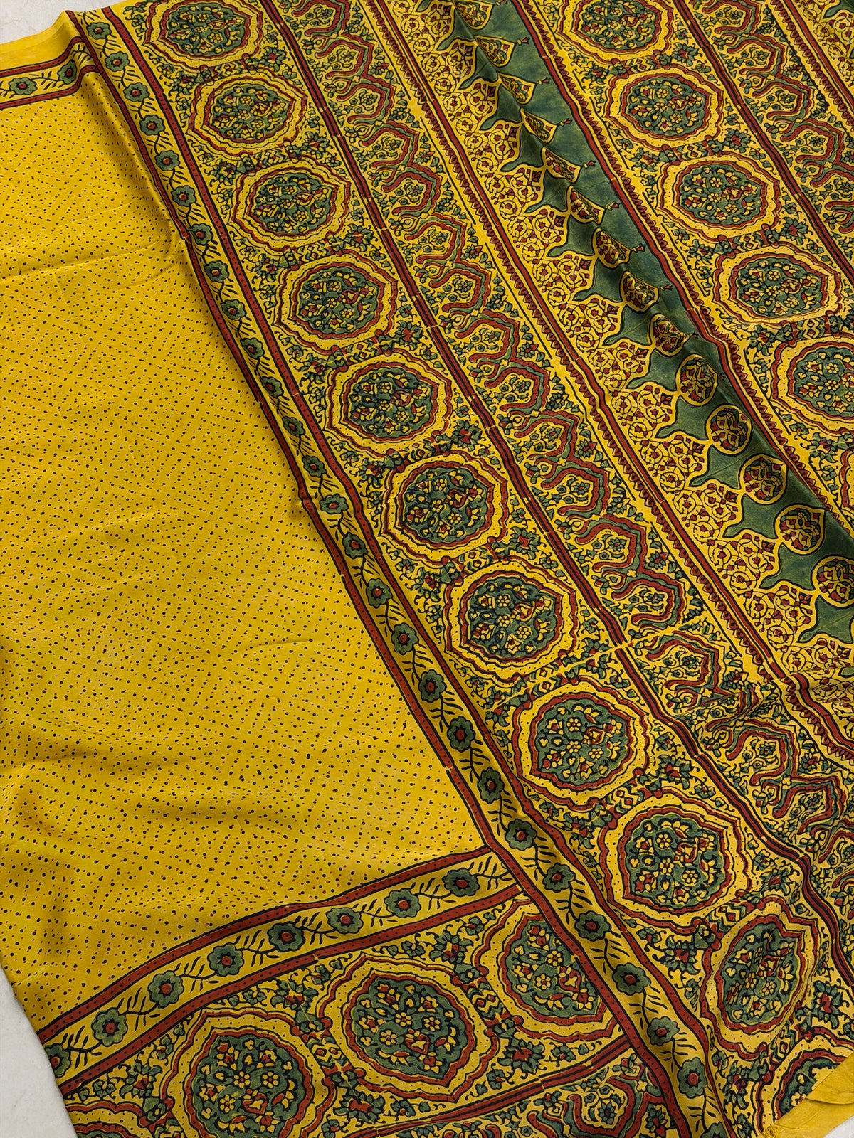 Yellow Dot Ajrakh Hand Block Print Pure Gajji Silk Saree