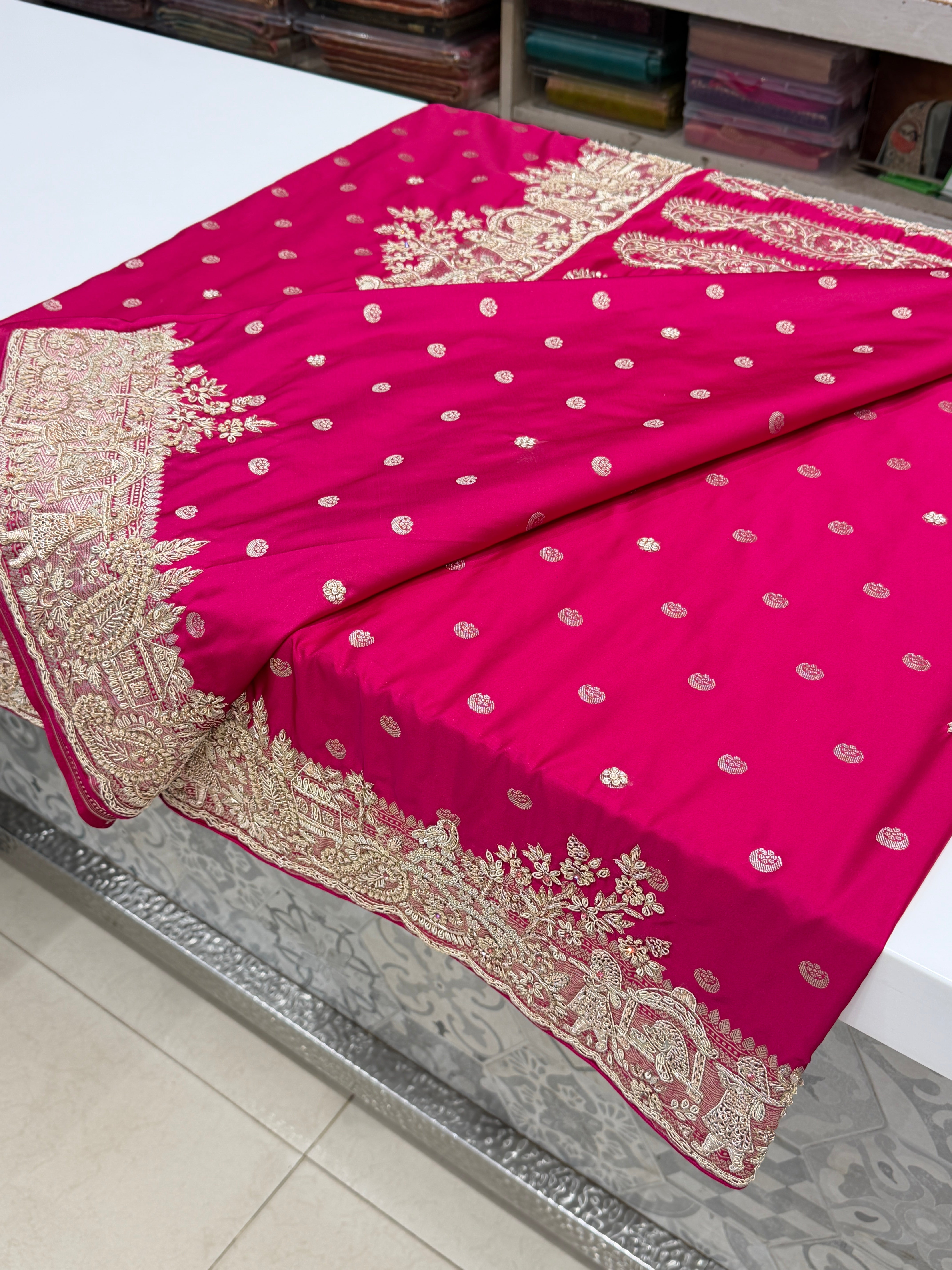 Rani Pink Banarasi Chand Butti Zardosi Doli Edit Hand Embroidery Saree