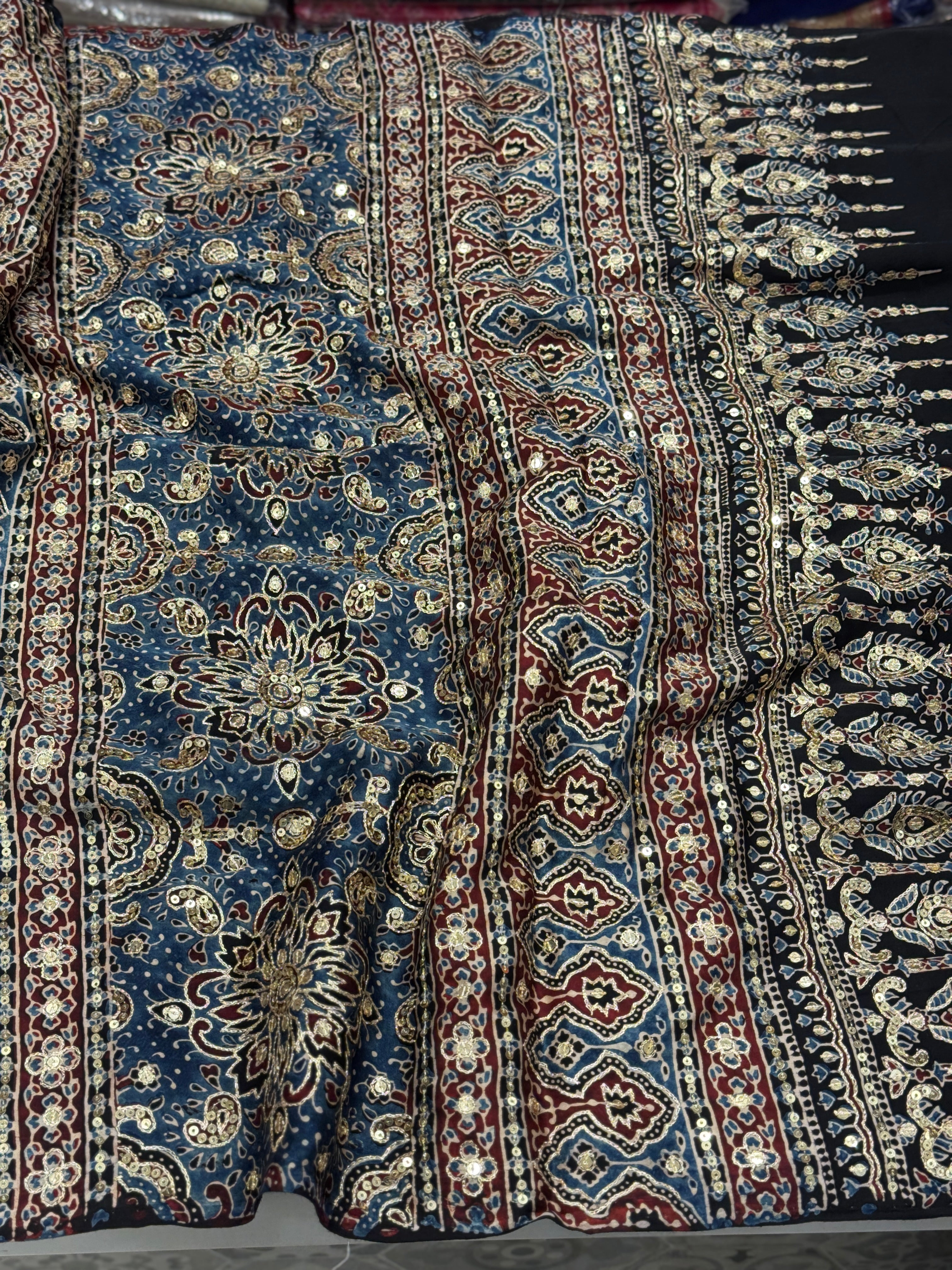 Blue Badam Abstract Jaal Pita Sequin Ajrakh Hand Embroidery Saree