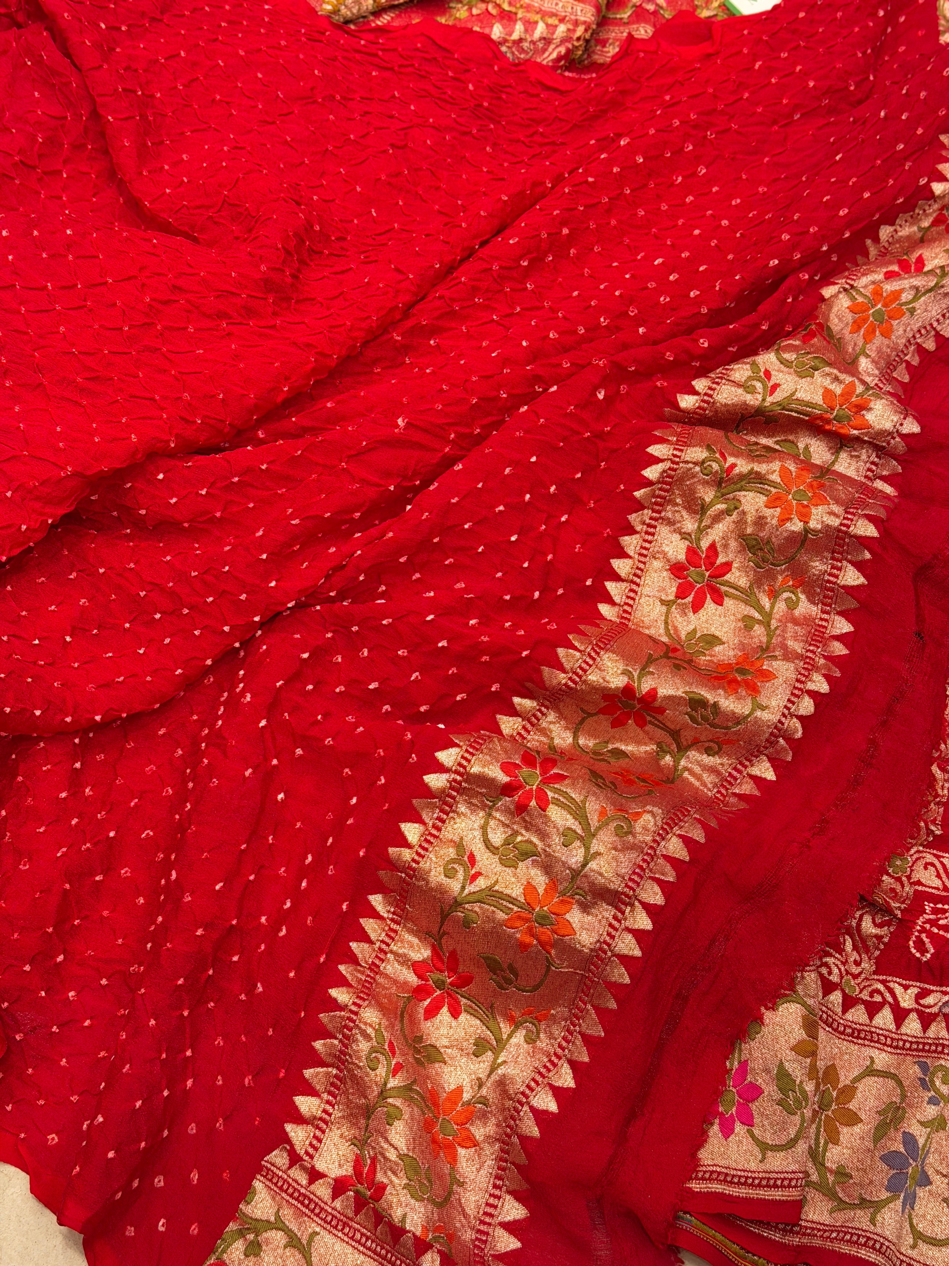 Red Gharchola Bandhej Meenakari Pure Georgette Rai Bandhej Saree