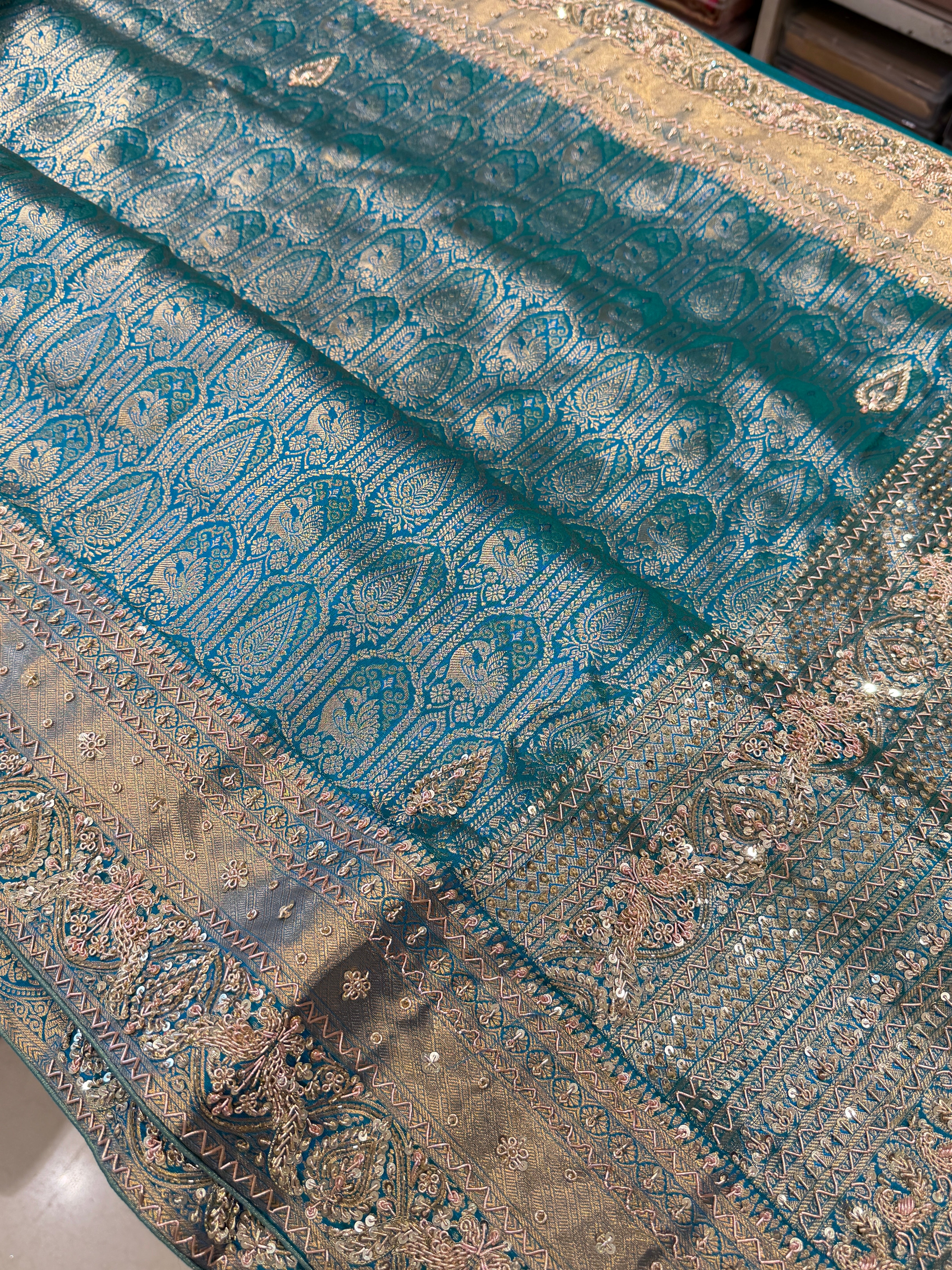 Sea Green Kanjivaram Peacock Motif Zardosi Hand Embroidery Saree