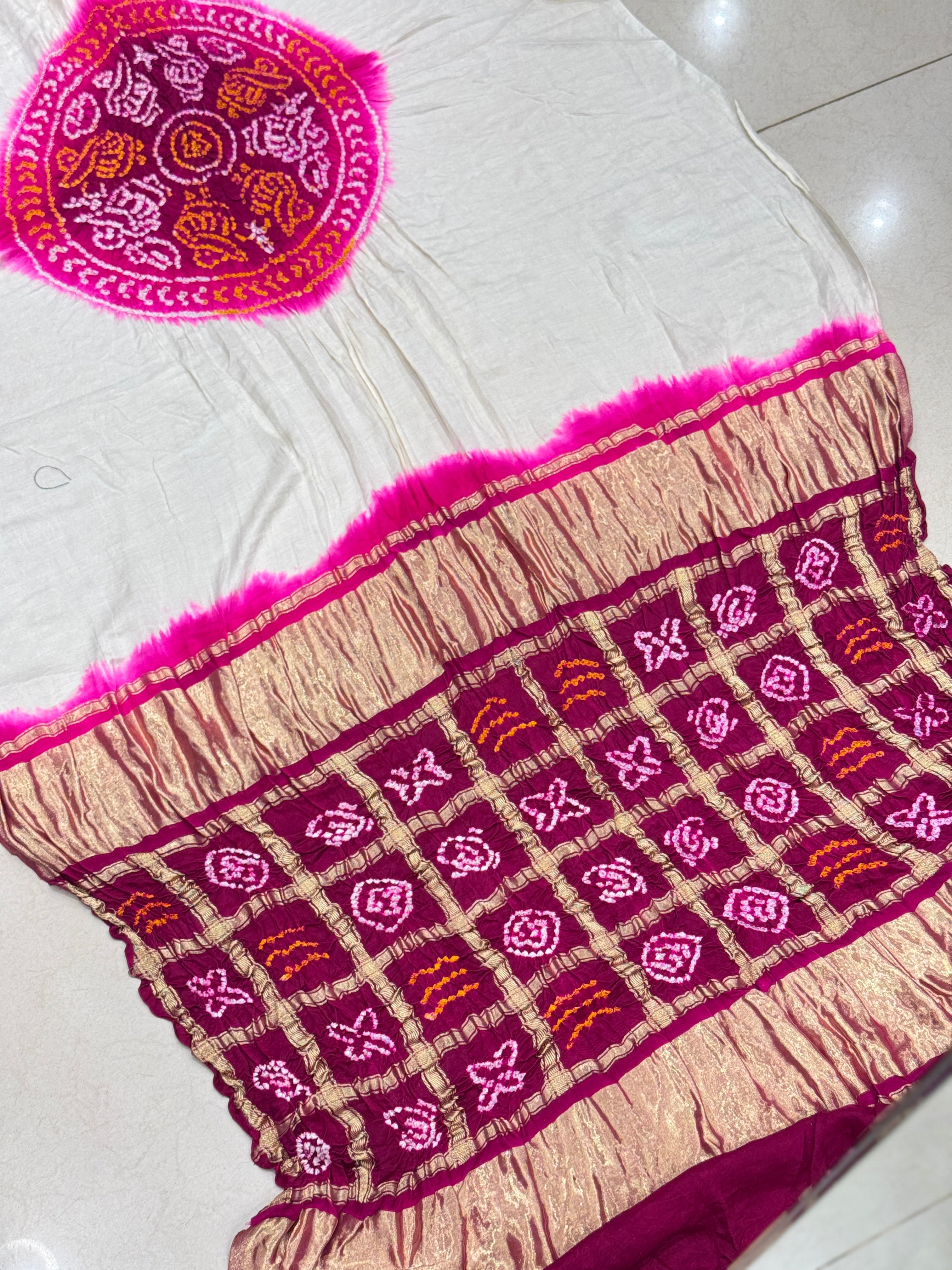 Moti White Gajji Silk Bandhej Bandhini Saree