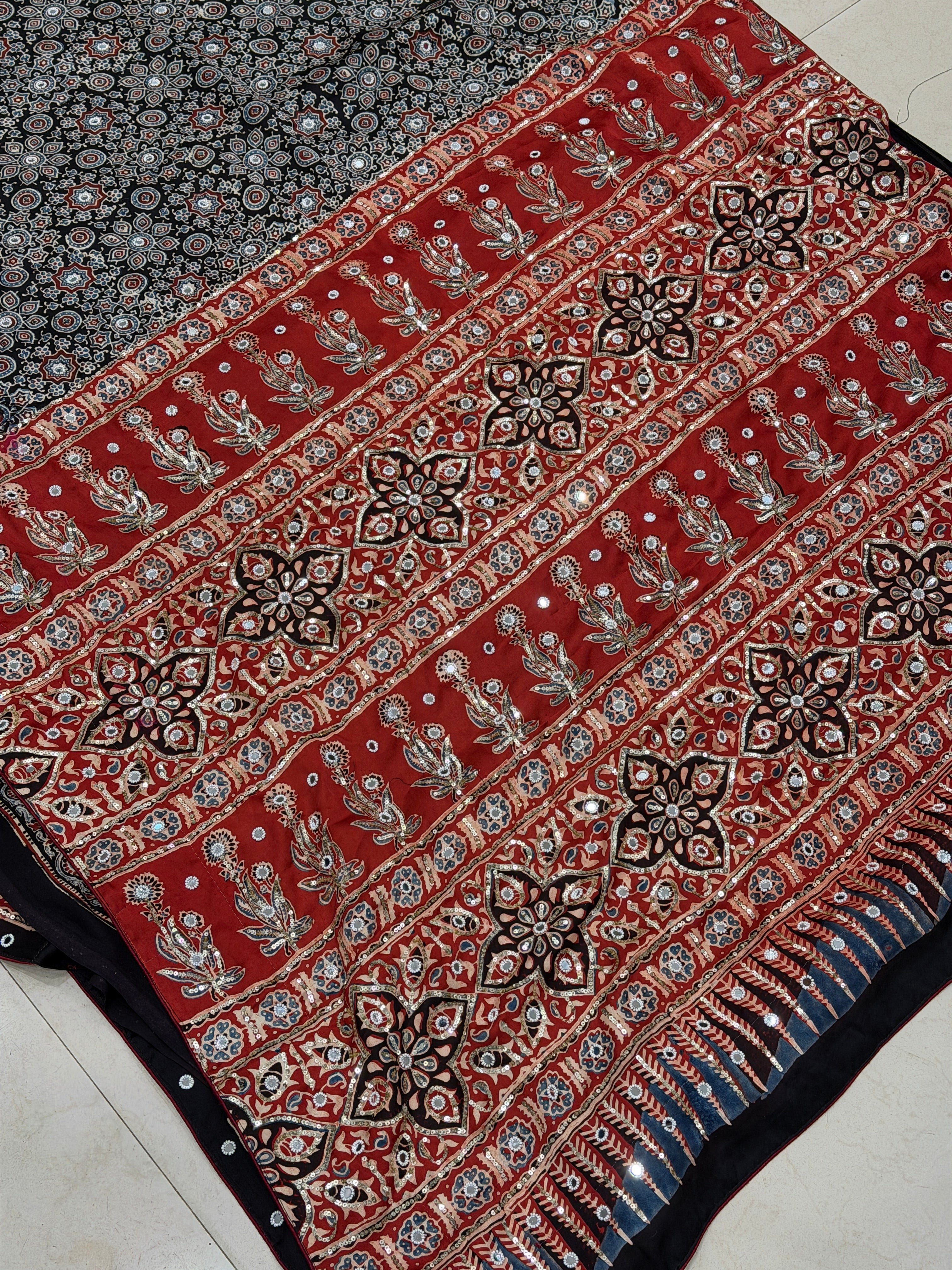 Black Red Jaal Ajrakh Real Mirror Moti Sequin Hand Embroidery Saree