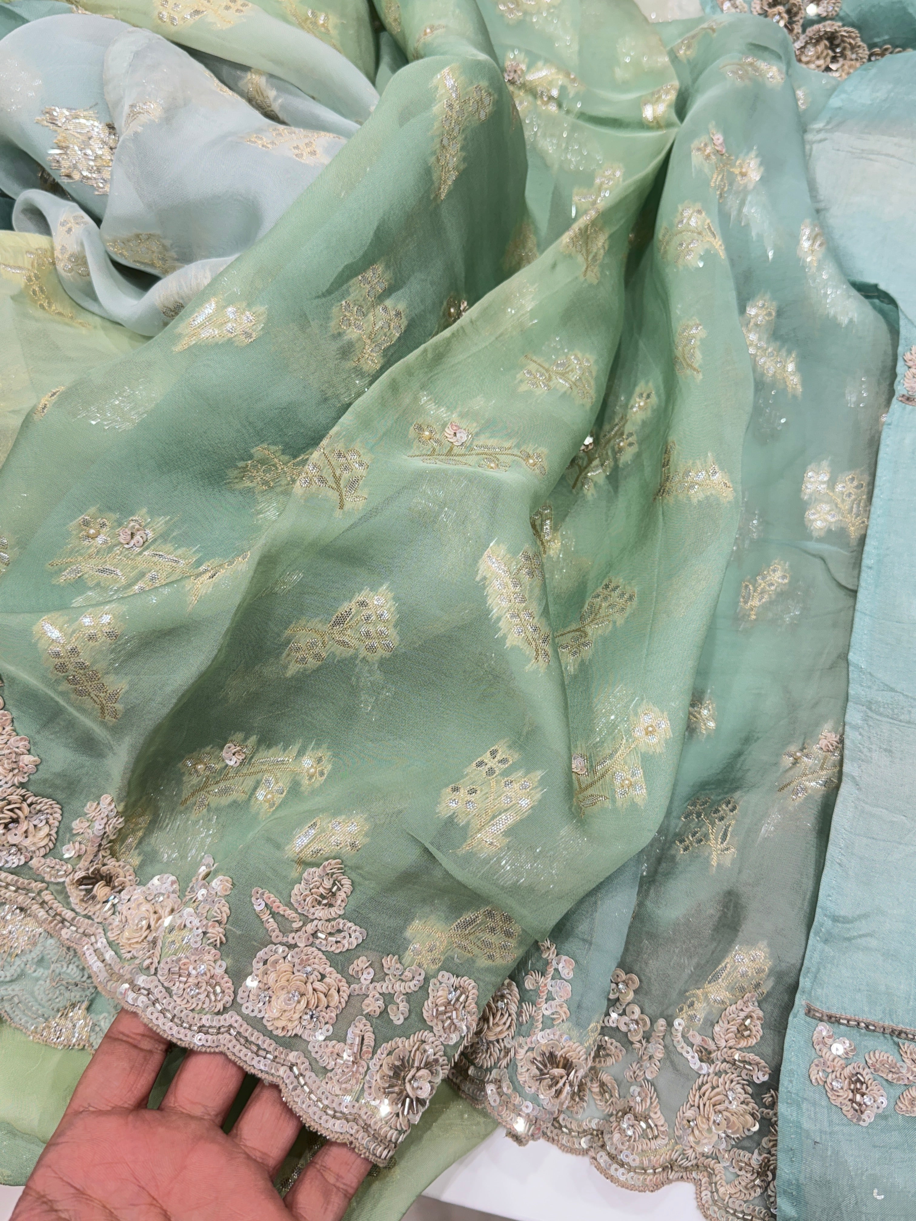 Green Shaded Satin Organza Hand Embroidered Saree