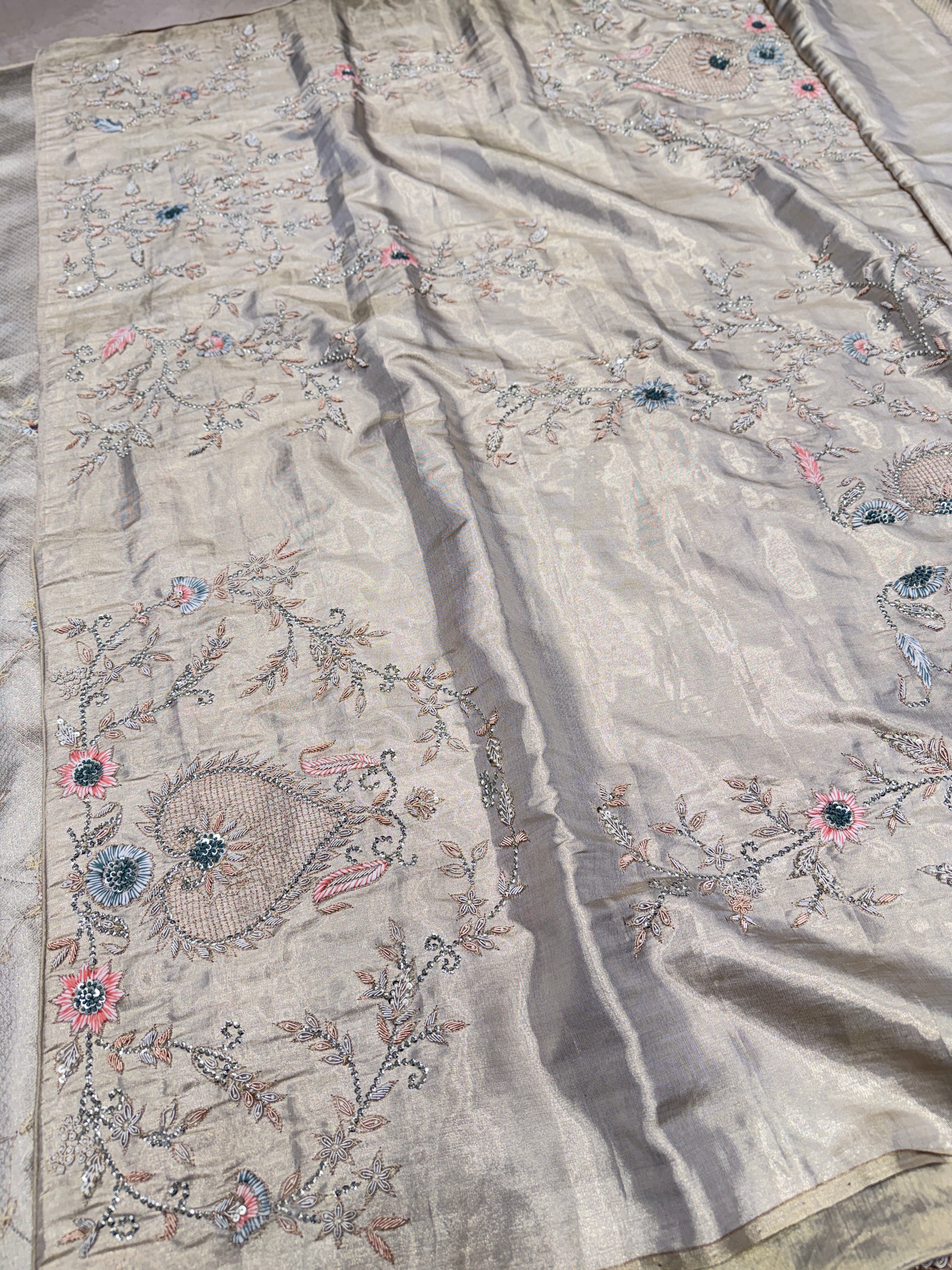 Light Water Gold Tissue Kanjivaram Knot Zardosi Hand Embroidery Saree