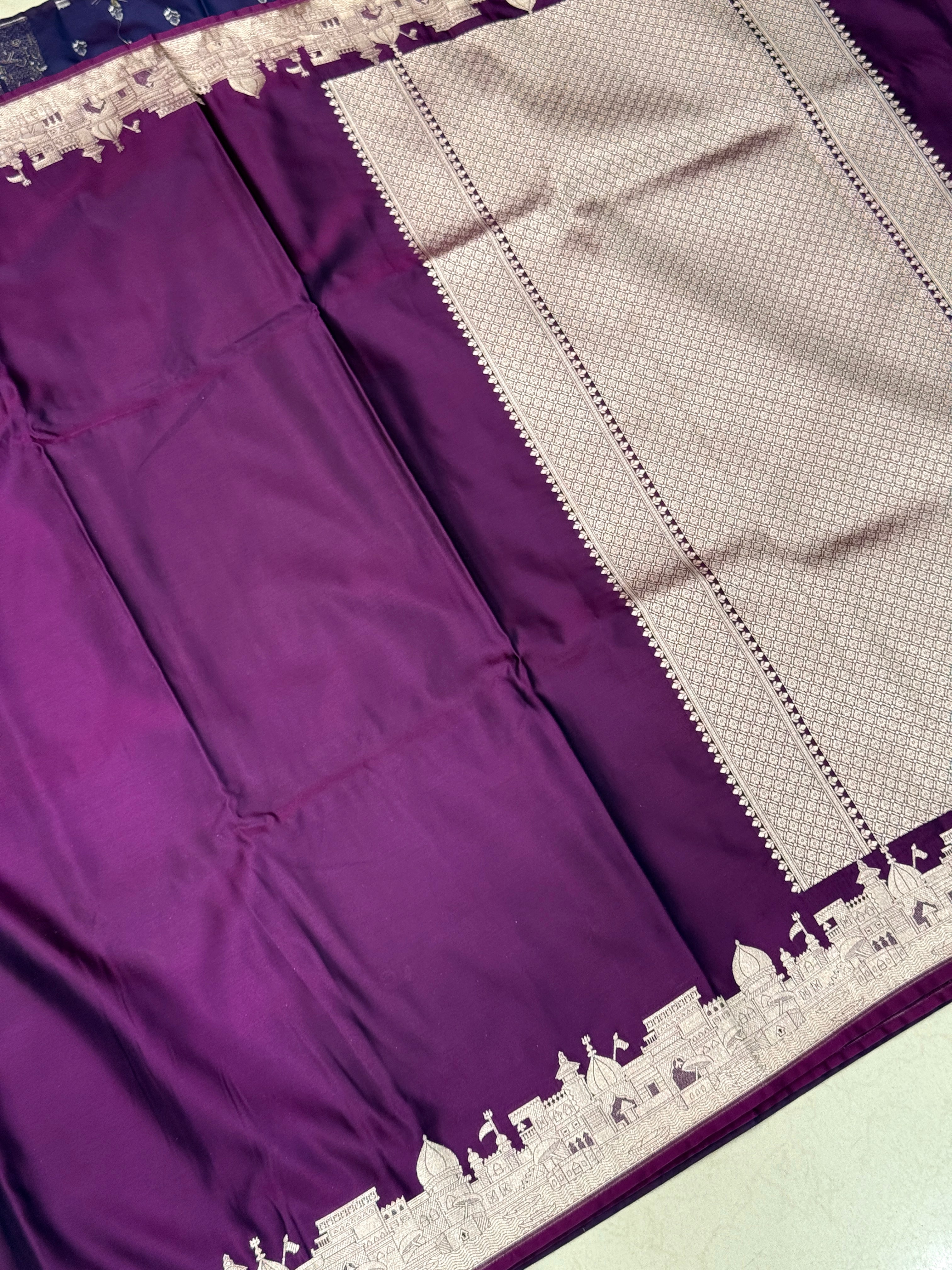 Wine Banarasi Silk Ganga Ghat Border Saree