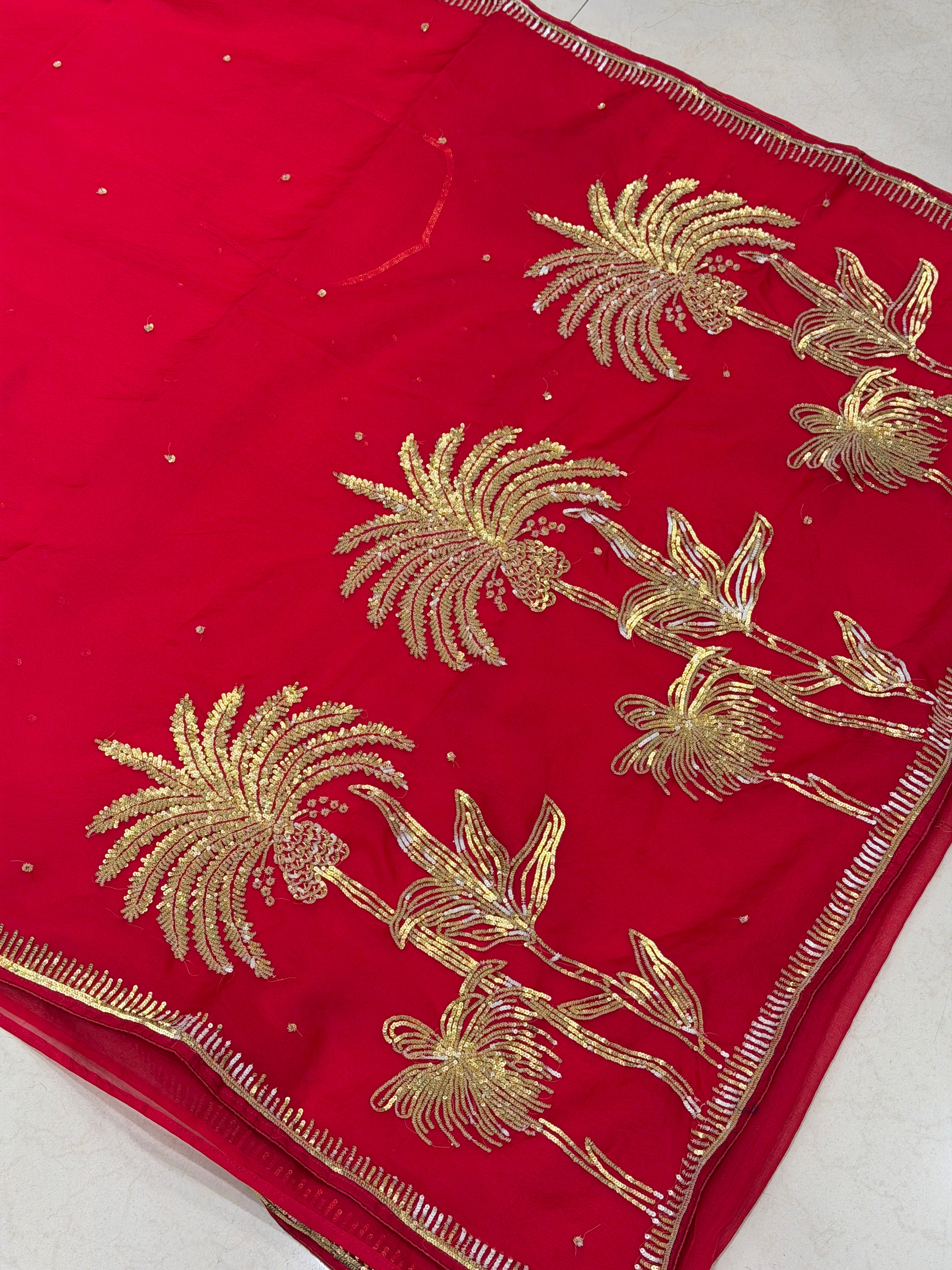 Red Raw Mango Inspired Organza Palm Tree Saree