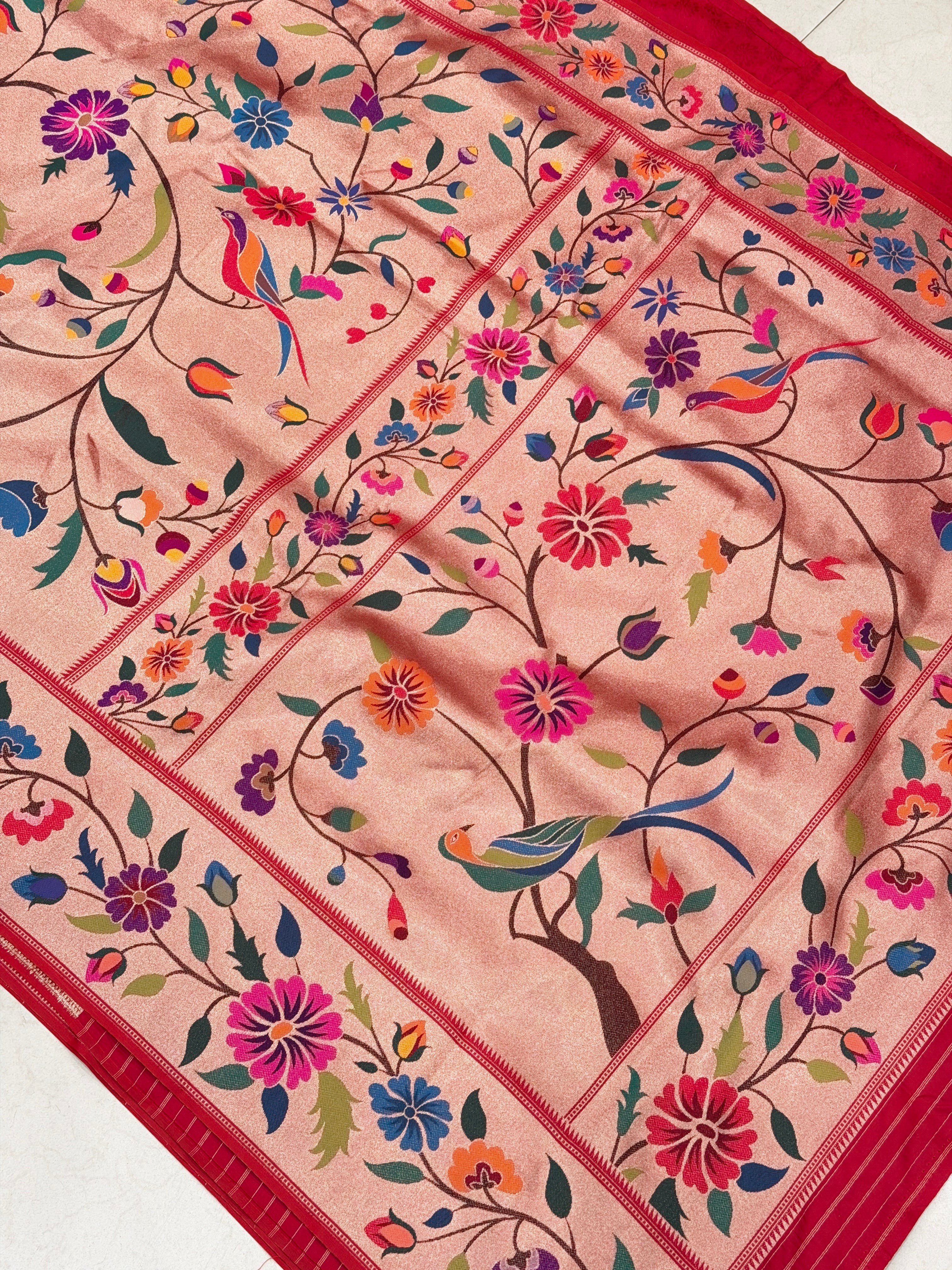 Golden Red Tissue Silk Paithani Meenakari Jaal Saree