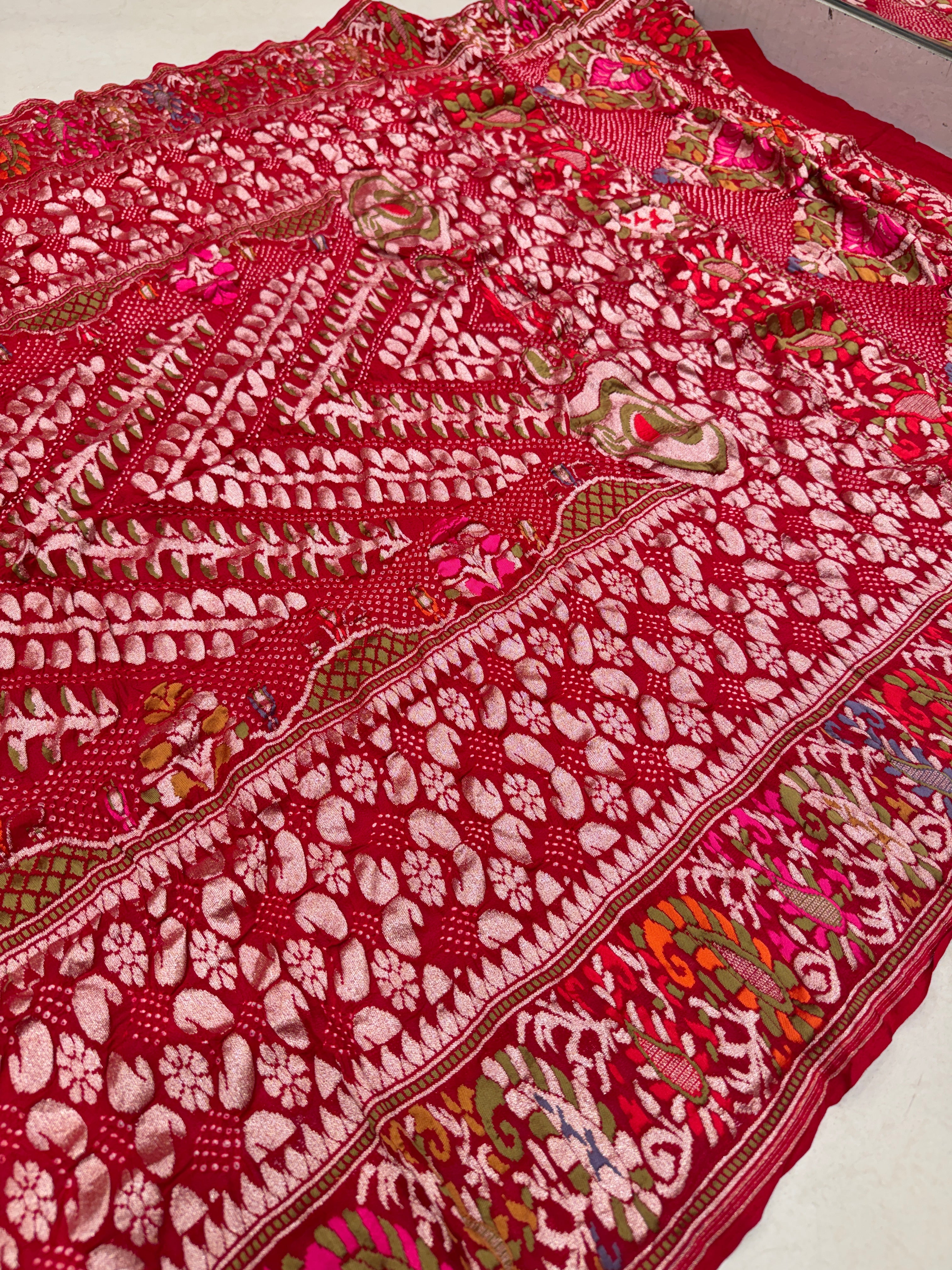 Red Pashmina Style Handloom Meenakari Rai Bandhej Pure Zari Dupatta