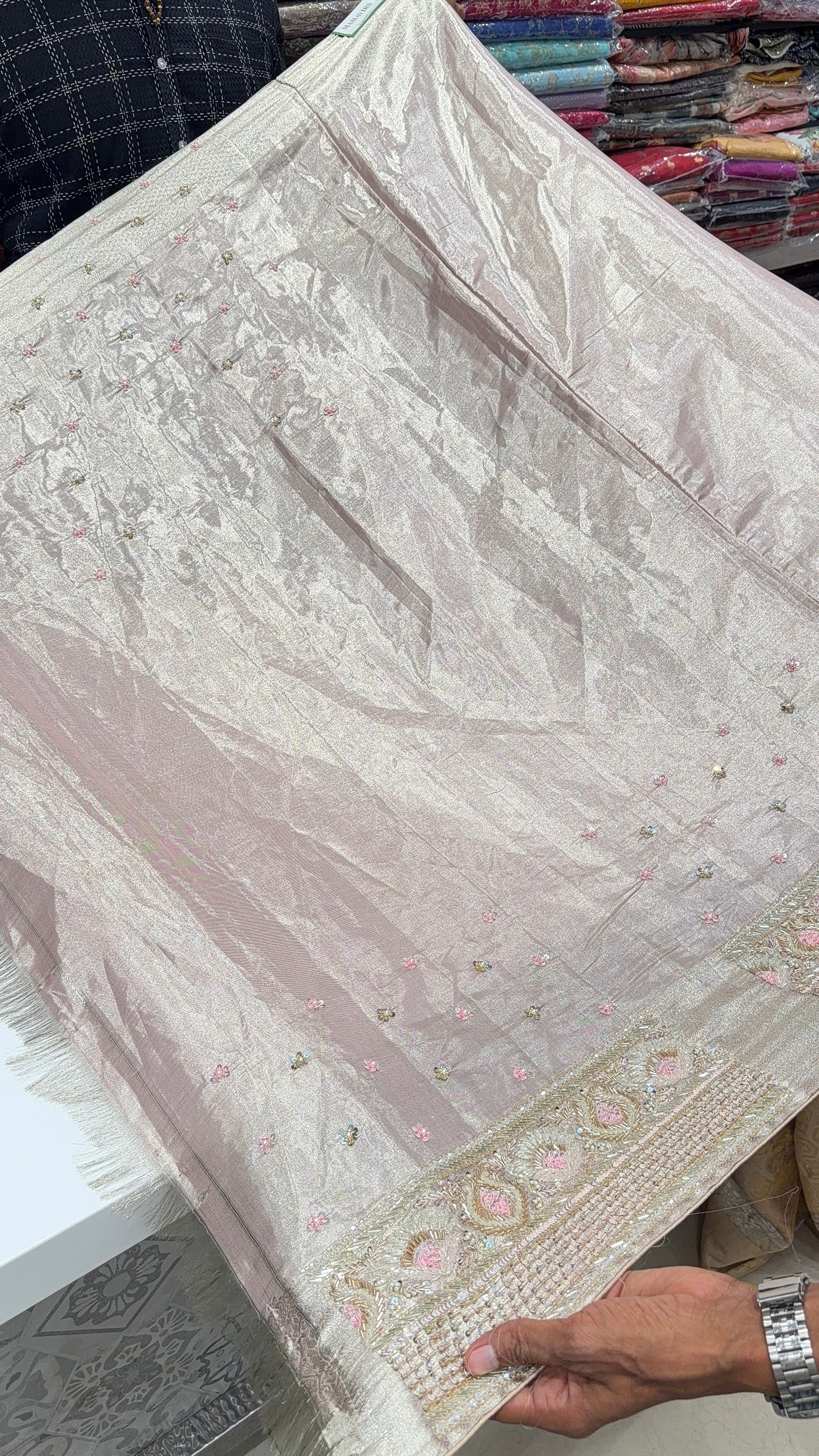 Nude Pink Silver Kanjivaram Three Zari Hand Embroidery Zardosi Moti Sequin Saree