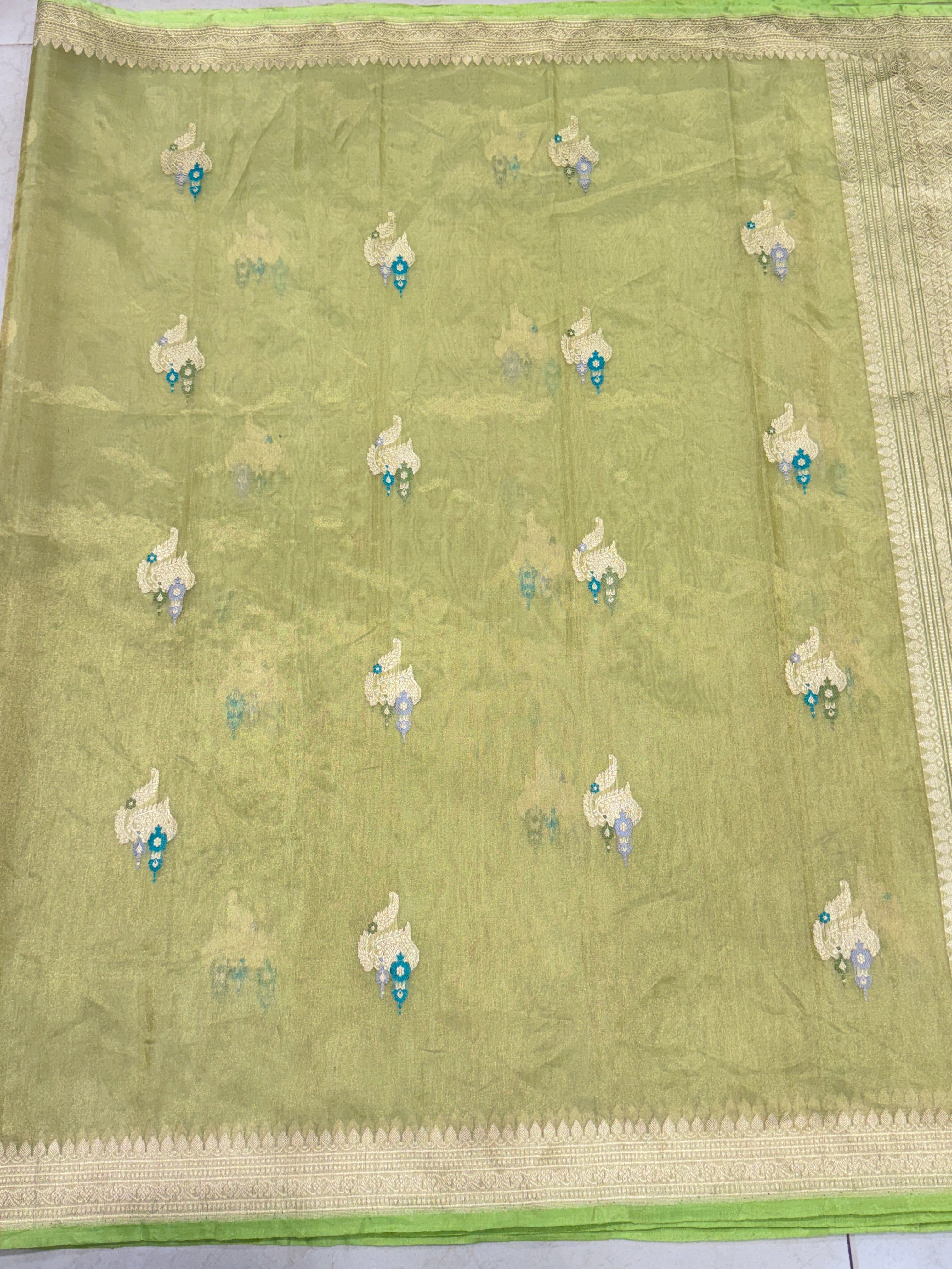 Pista Green Handloom Meenakari Banarasi Tissue Kadwa Saree