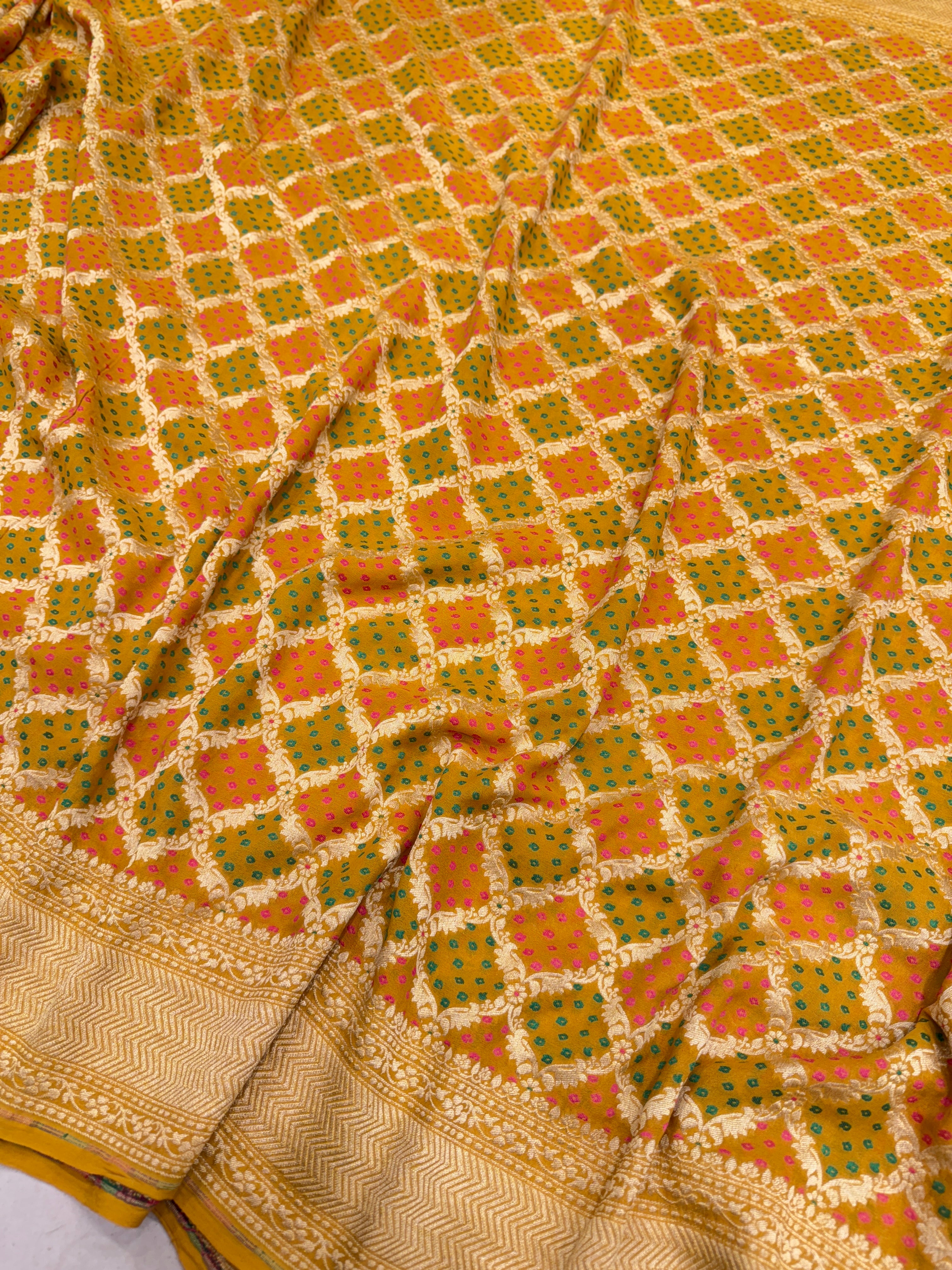 Mustard Yellow Woven Bandhej Banarasi Khaddi Georgette Saree