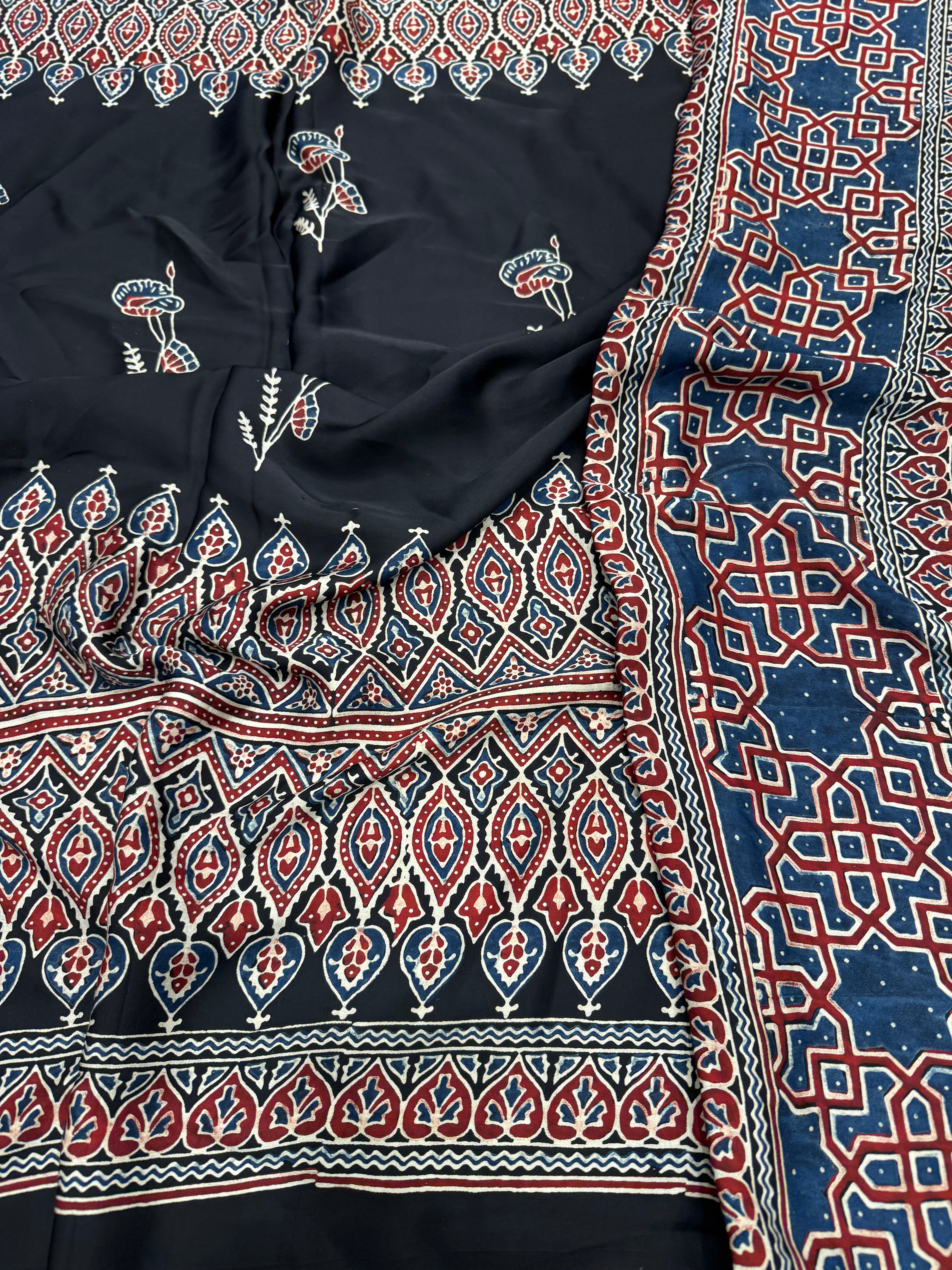 Black Contemporary Ajrakh Hand Block Print Pure Gajji Silk Saree