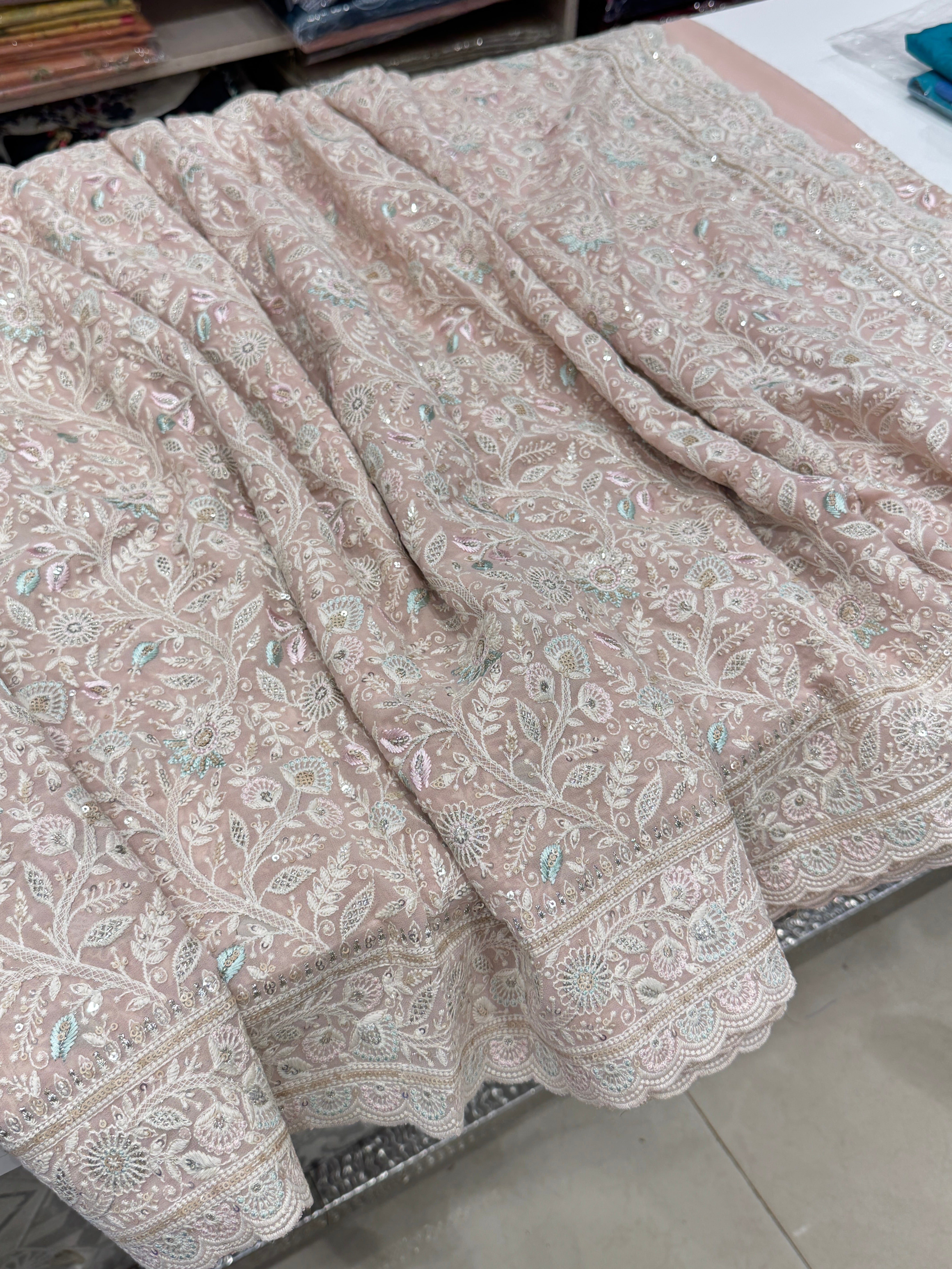 Nude Pink Meenakari Chikankari Scallop Design Saree