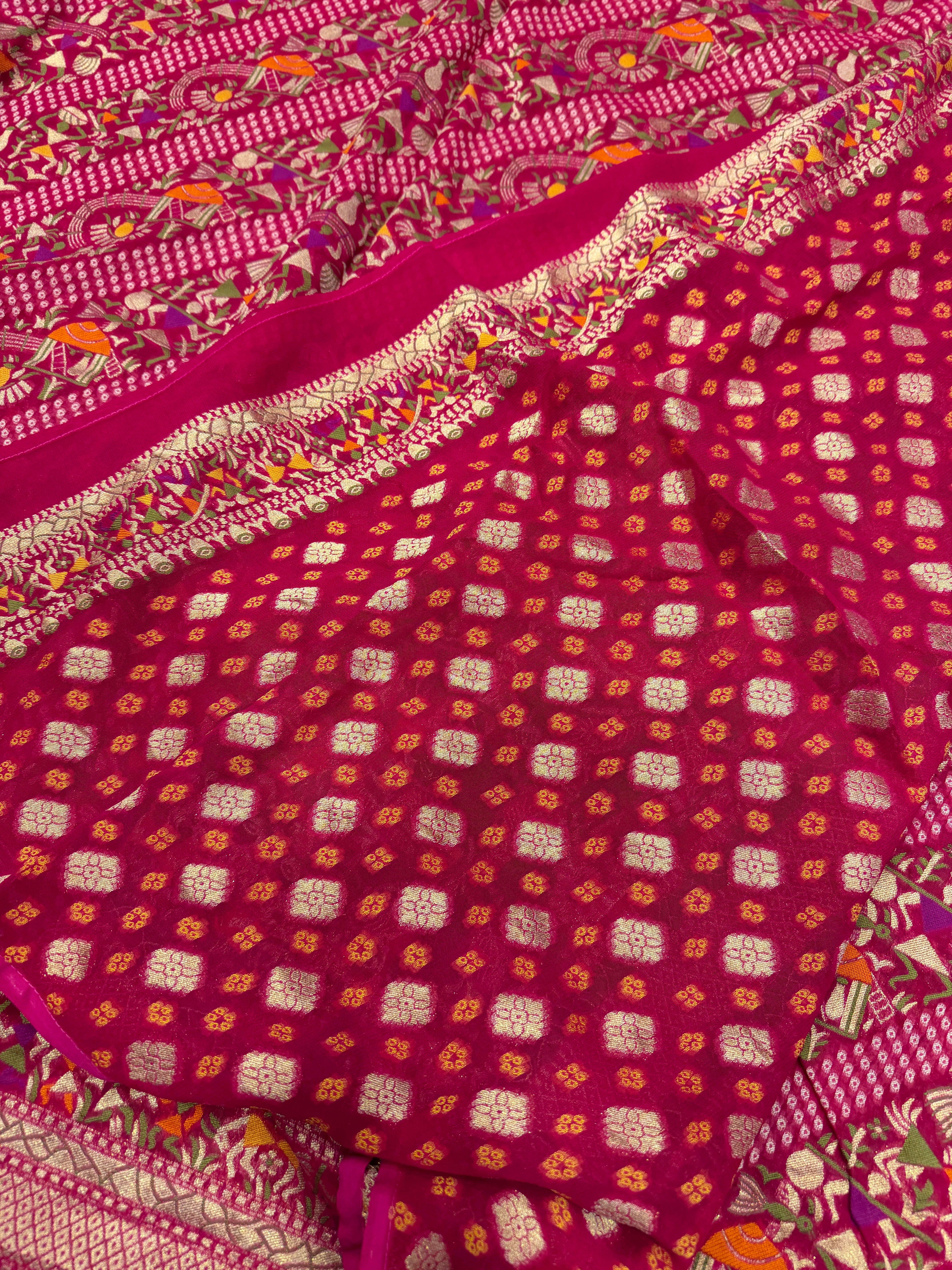 Rani Pink Warli Style Woven Bandhej Georgette Saree