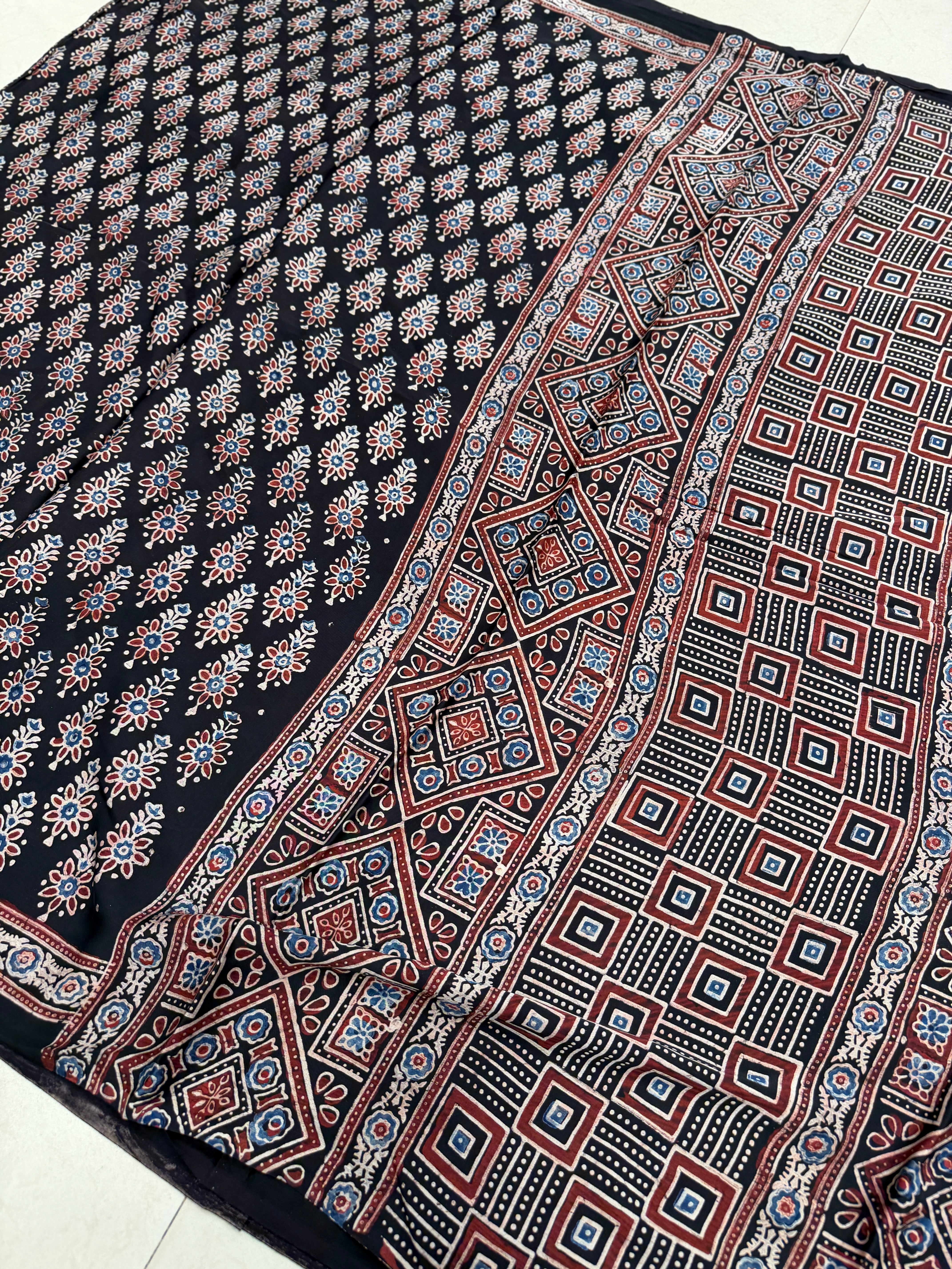 Black Buttis Ajrakh Hand Block Print Pure Gajji Silk Saree