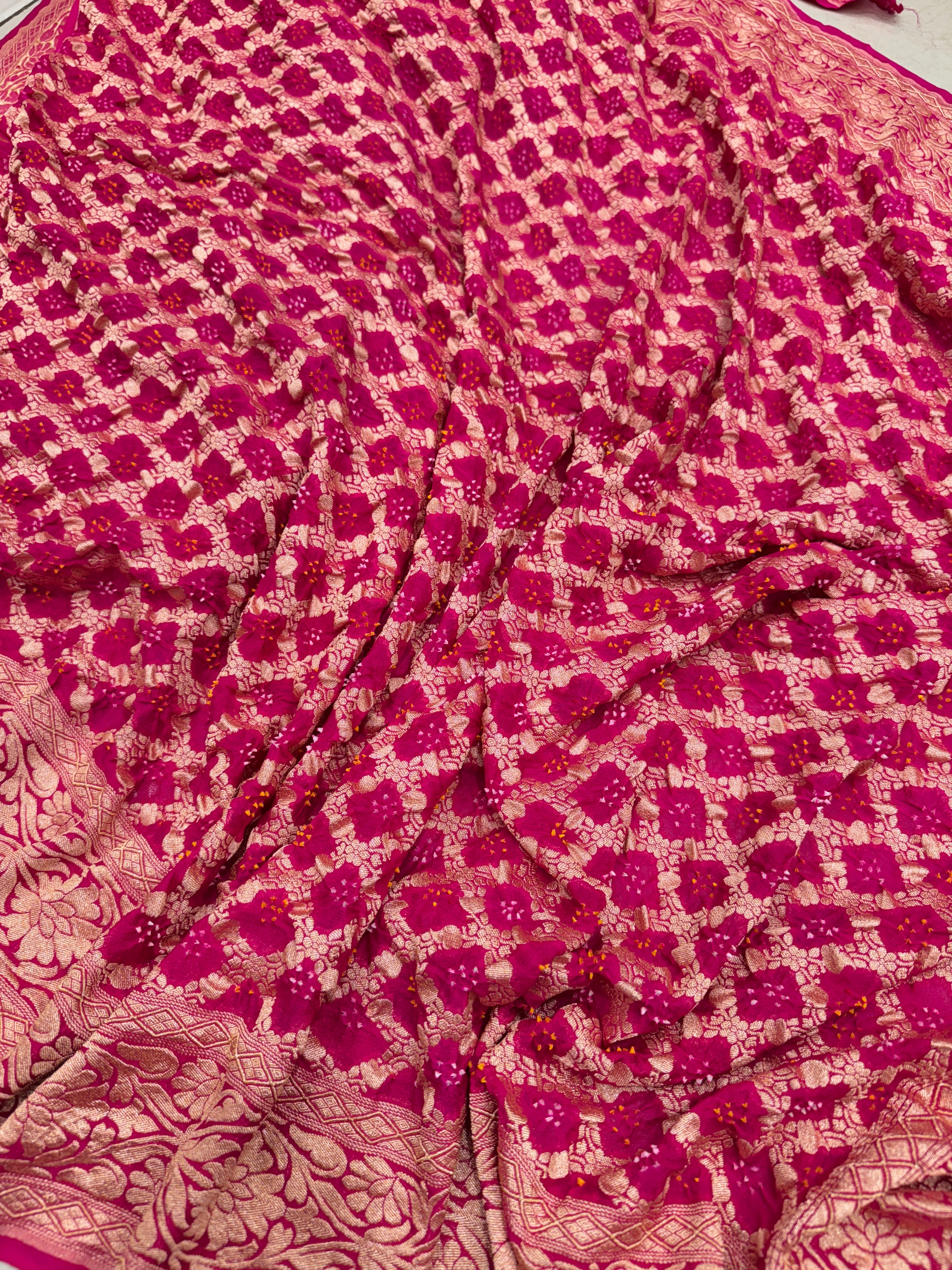 Rani Big Flower Border Bandhej Bandhini Saree