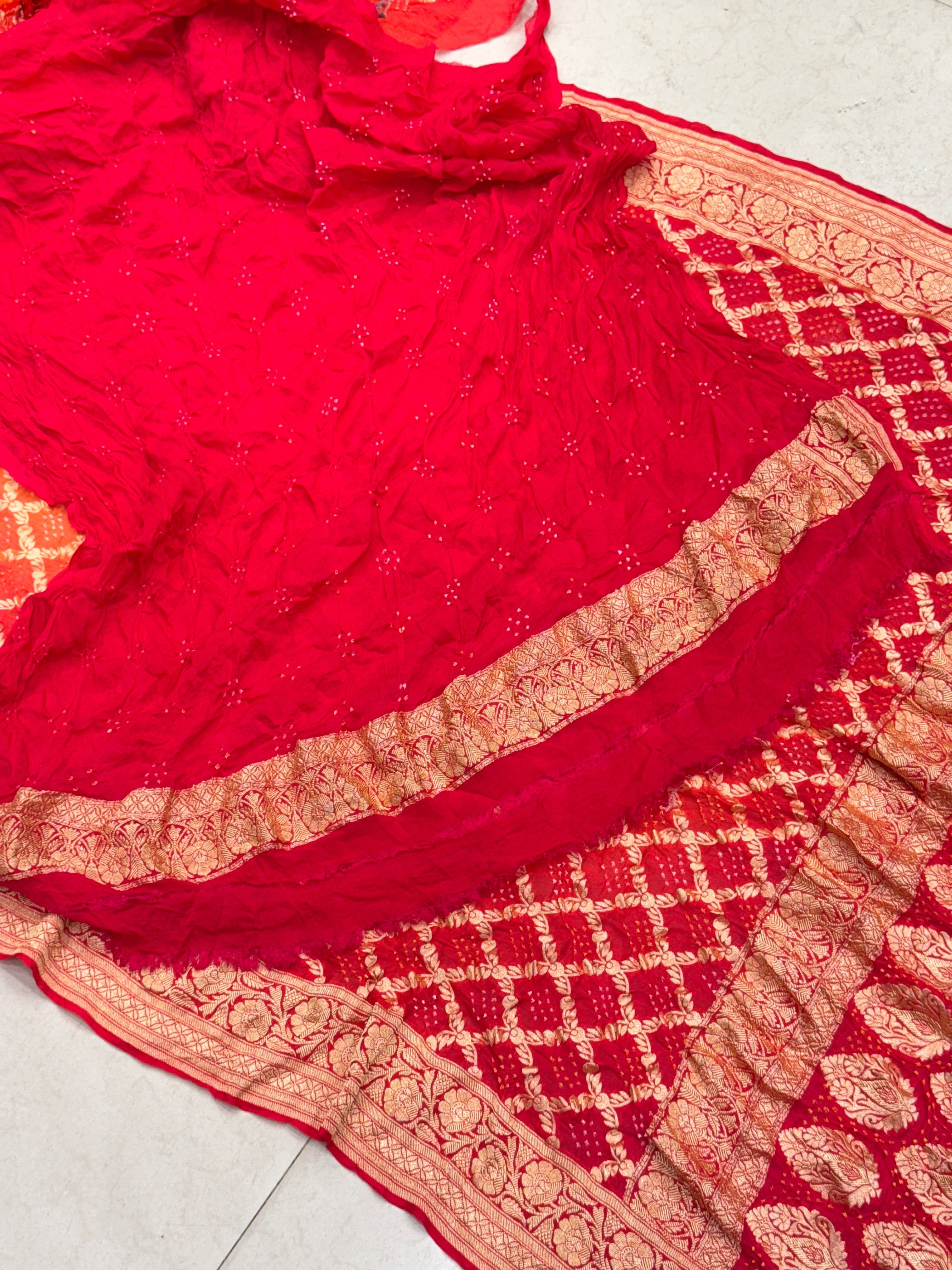 Strawberry Orange Shaded Georgette Handloom Bandhej Bandhini Saree