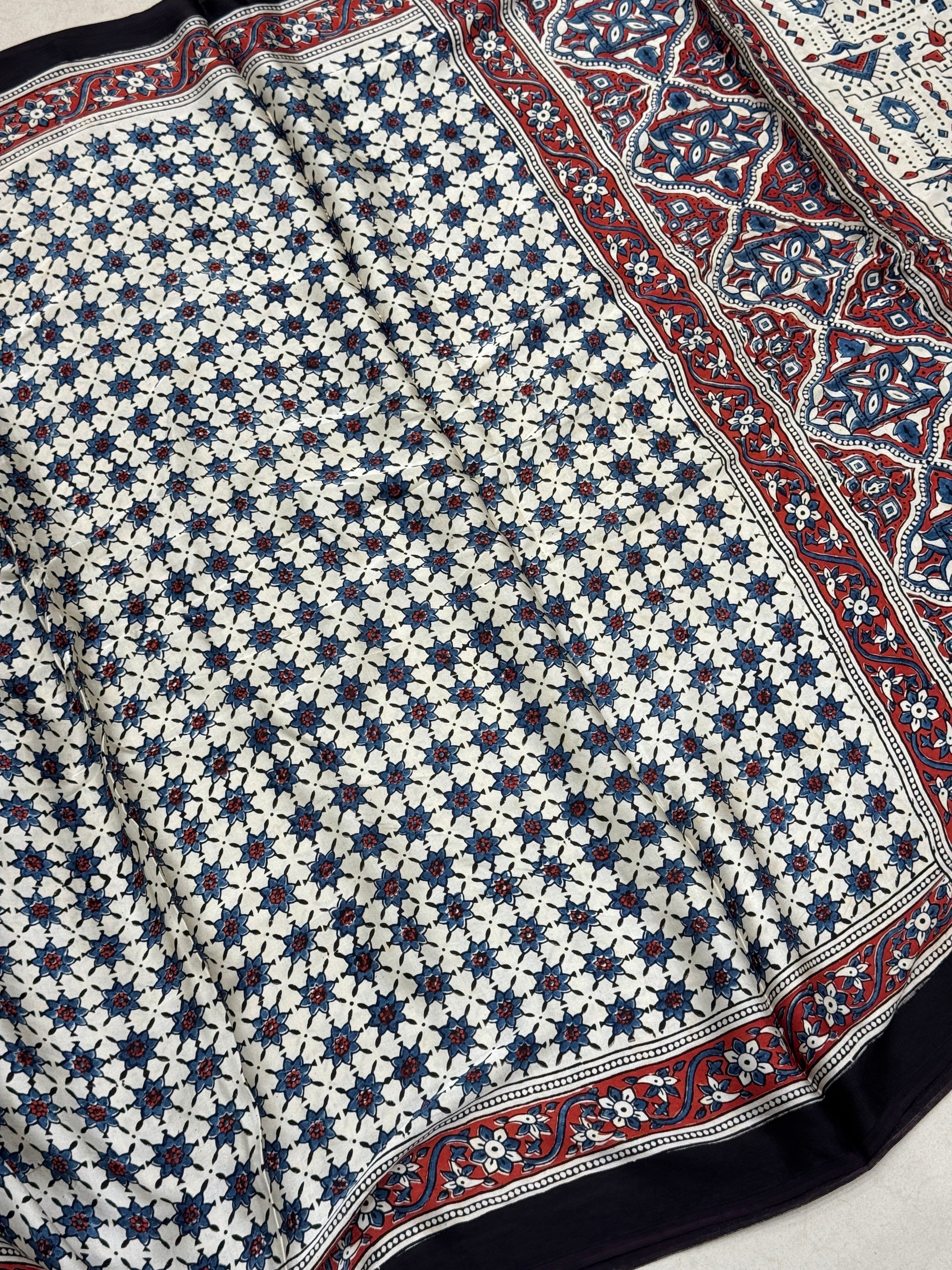 White Blue Star Modal Silk Ajrakh Saree