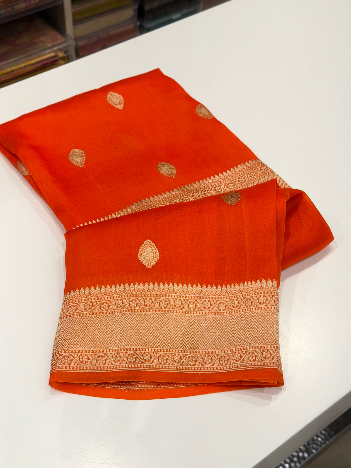 Orange Buttis Handloom Banarasi Kora Silk Saree