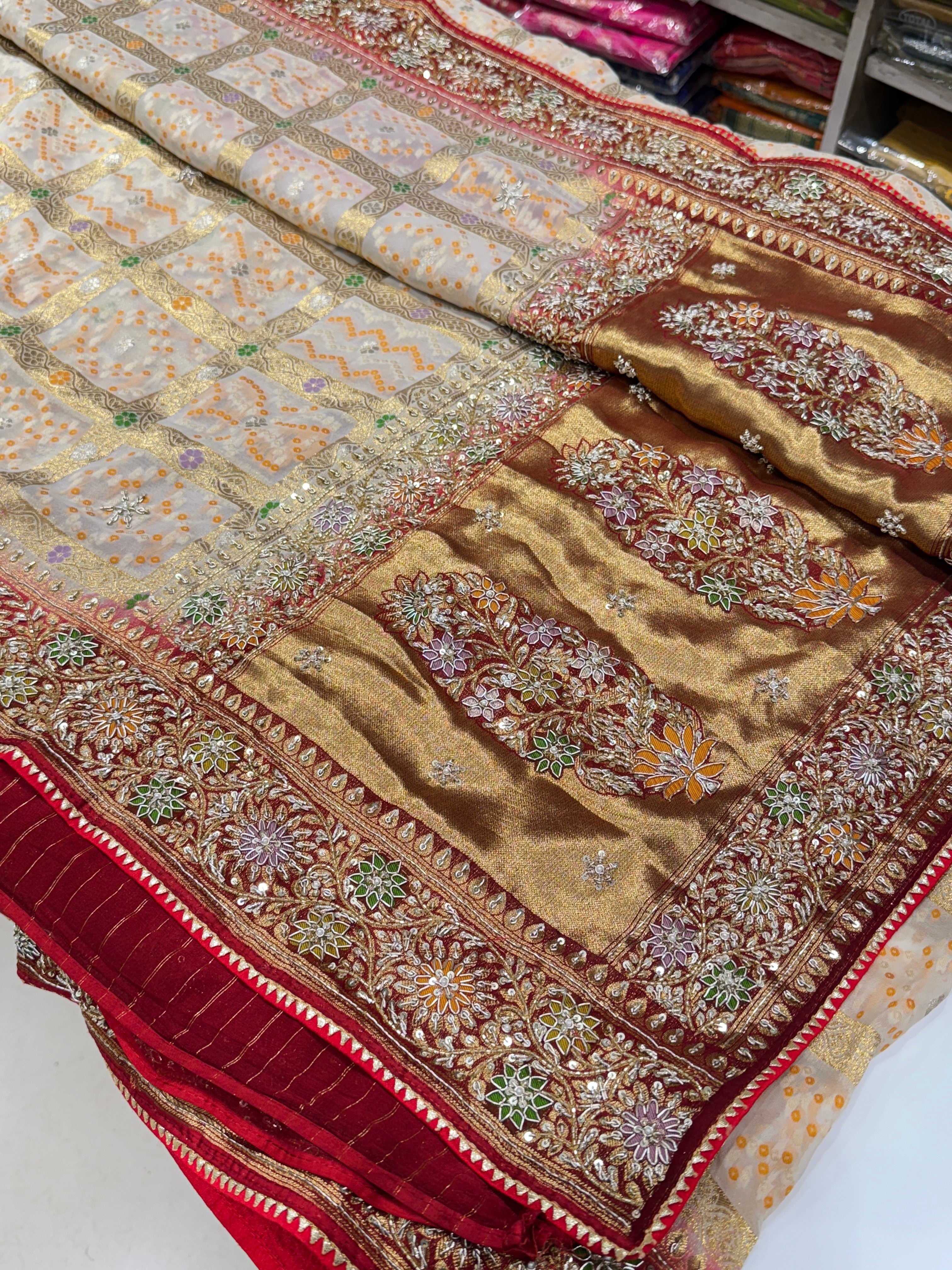 Beige Red Meenakari Gharchola Zardosi Embroidery Saree