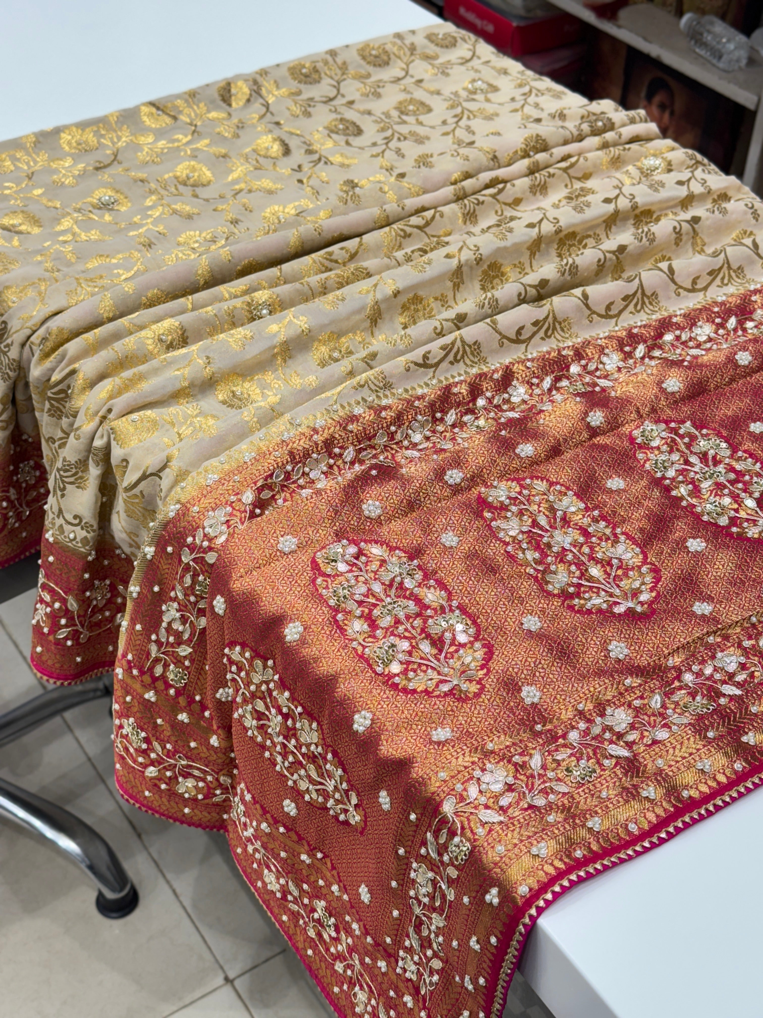 Beige Rani Banarasi Khaddi Georgette Baghban Jaal Zardosi Embroidery Saree
