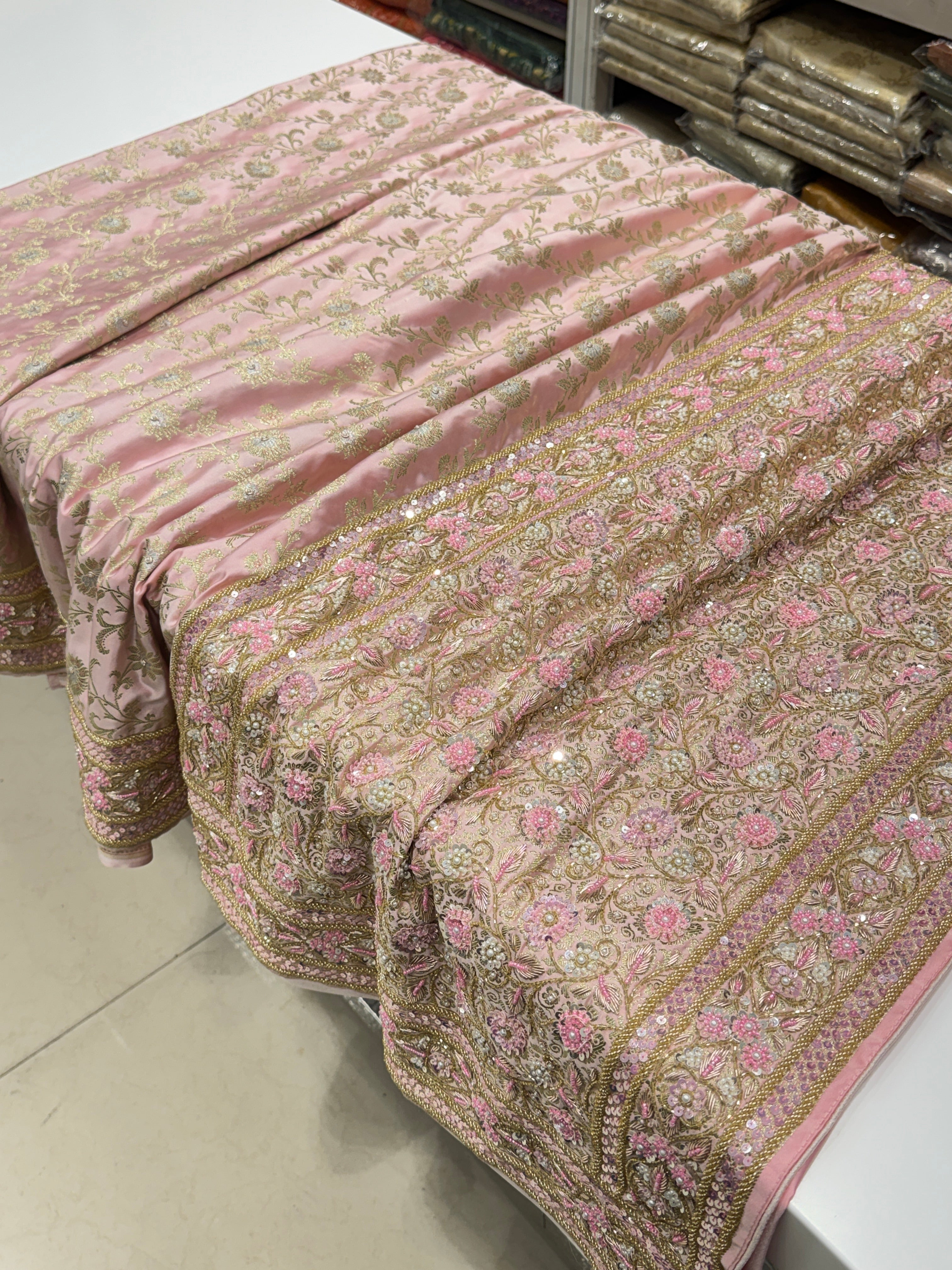 Light Pink Banarasi Small Jaal Zardosi Fancy Moti Hand Embroidery Saree