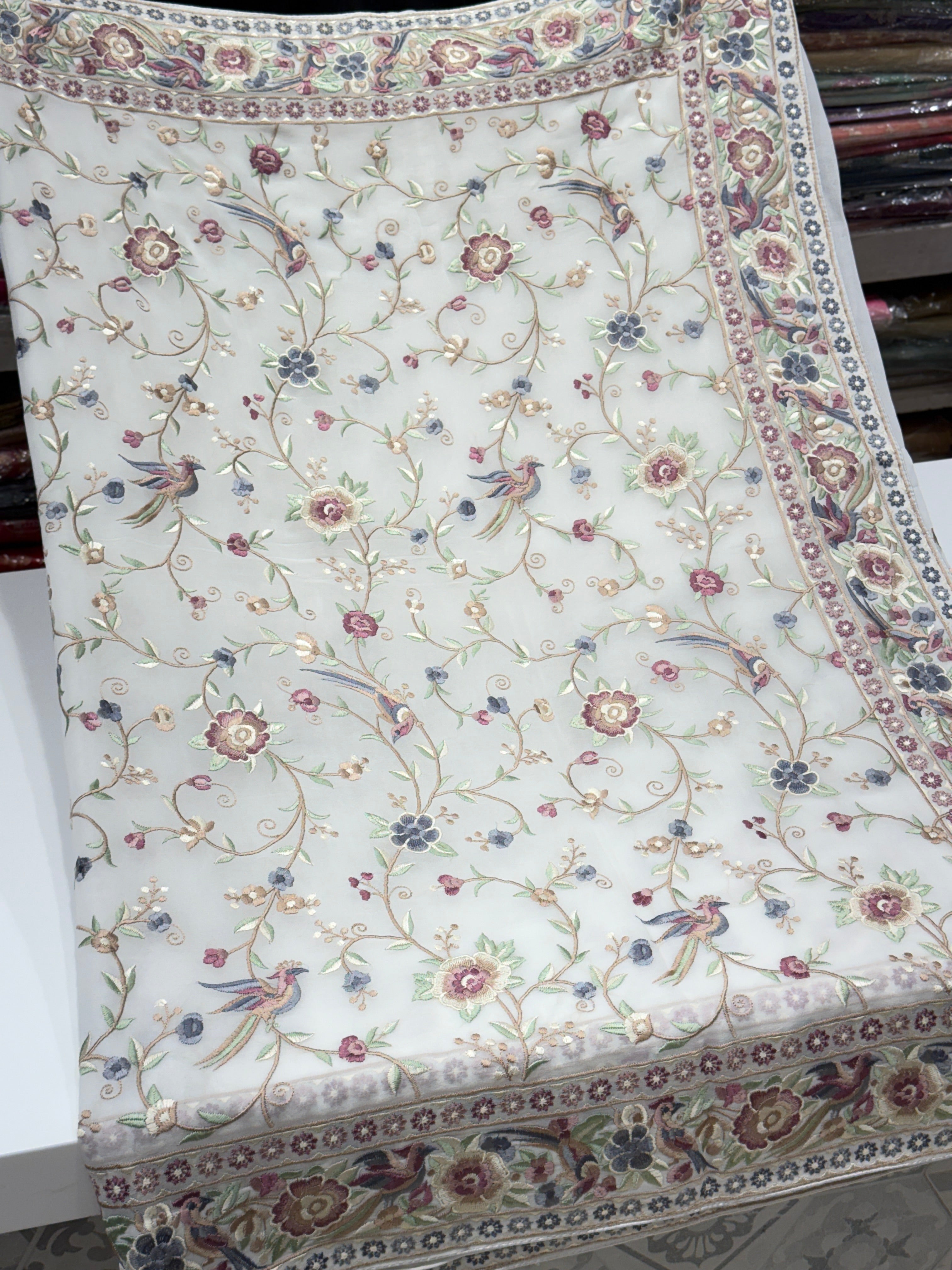 White Georgette Multi Colour Jaal Floral Parsi Gara Saree
