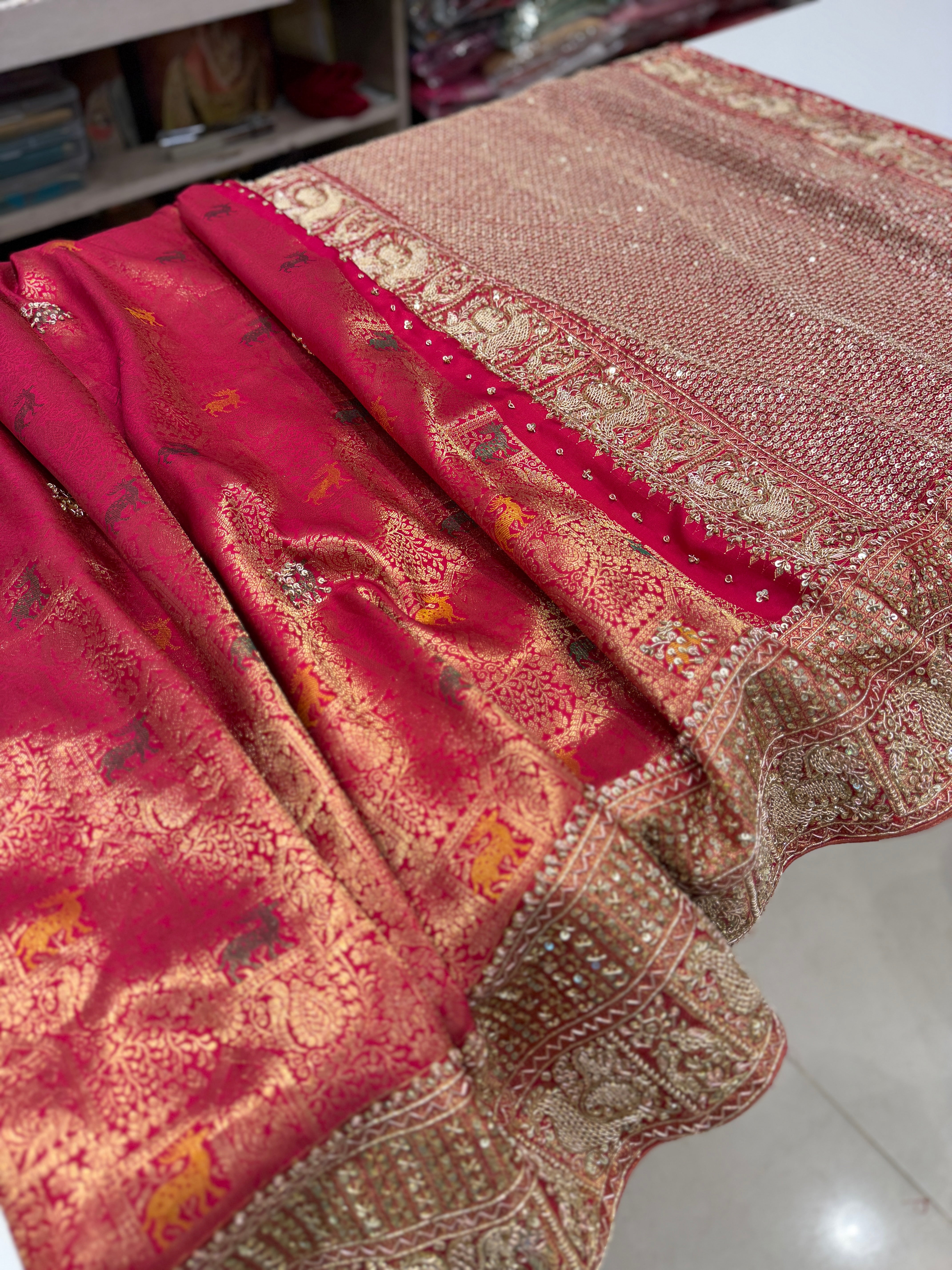 Rani Pink Peacock Motif Meenakari Hand Embroidery Zardosi Saree