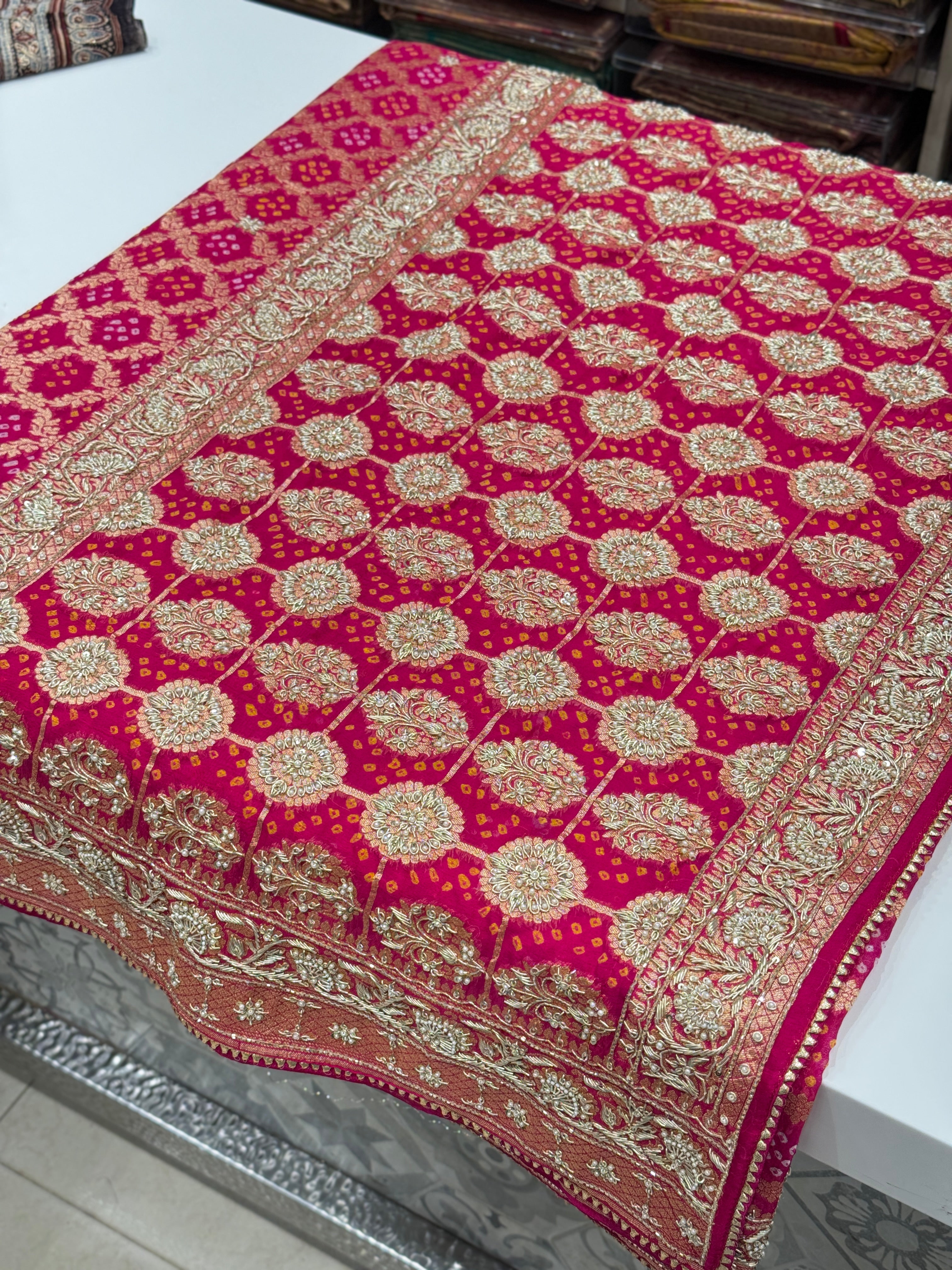 Rani Bandhej Zardosi Hand Embroidery Saree
