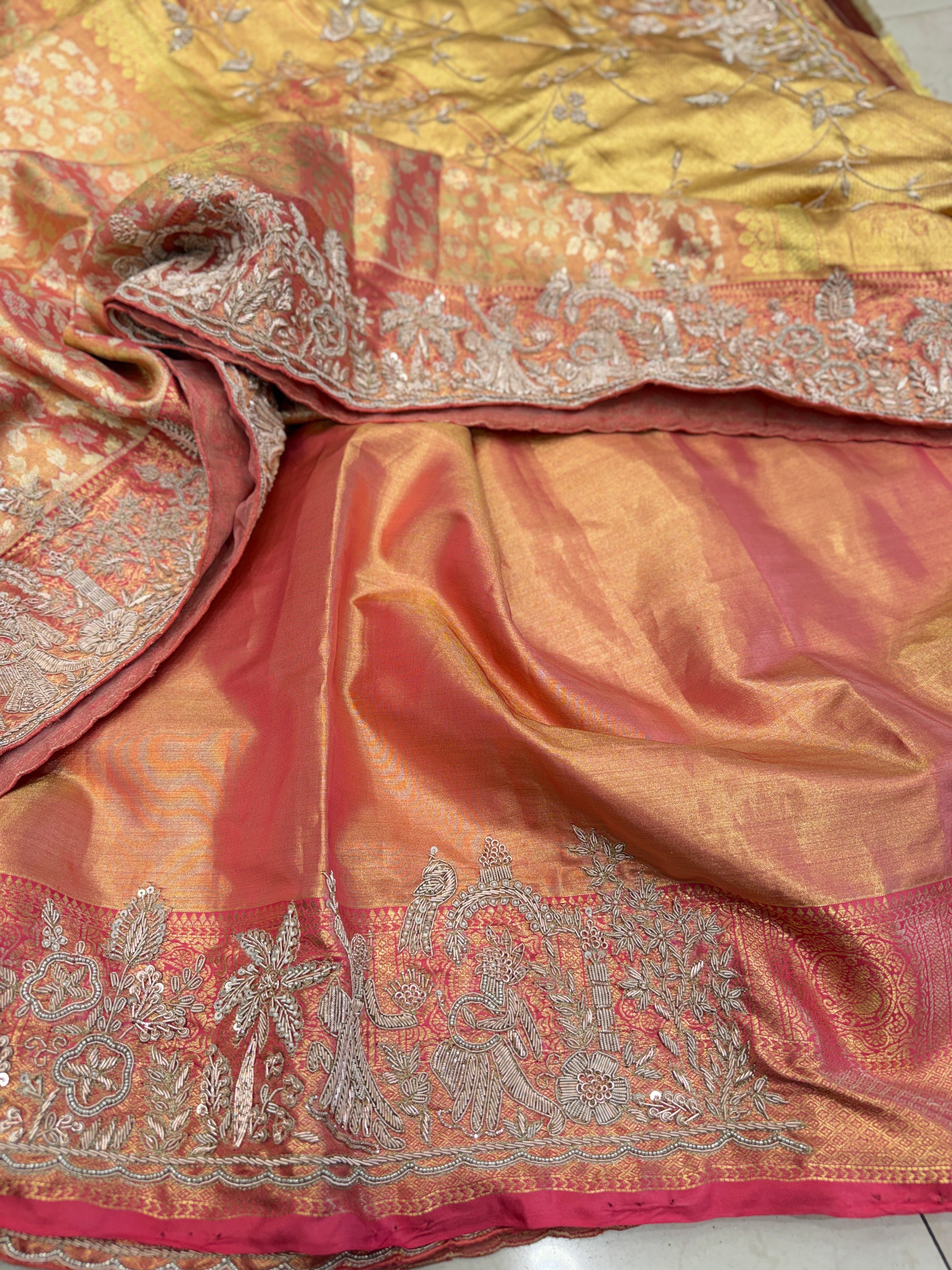 Rose Tissue Kanjivaram Zardosi Hand Embroidery Doli Edit Saree