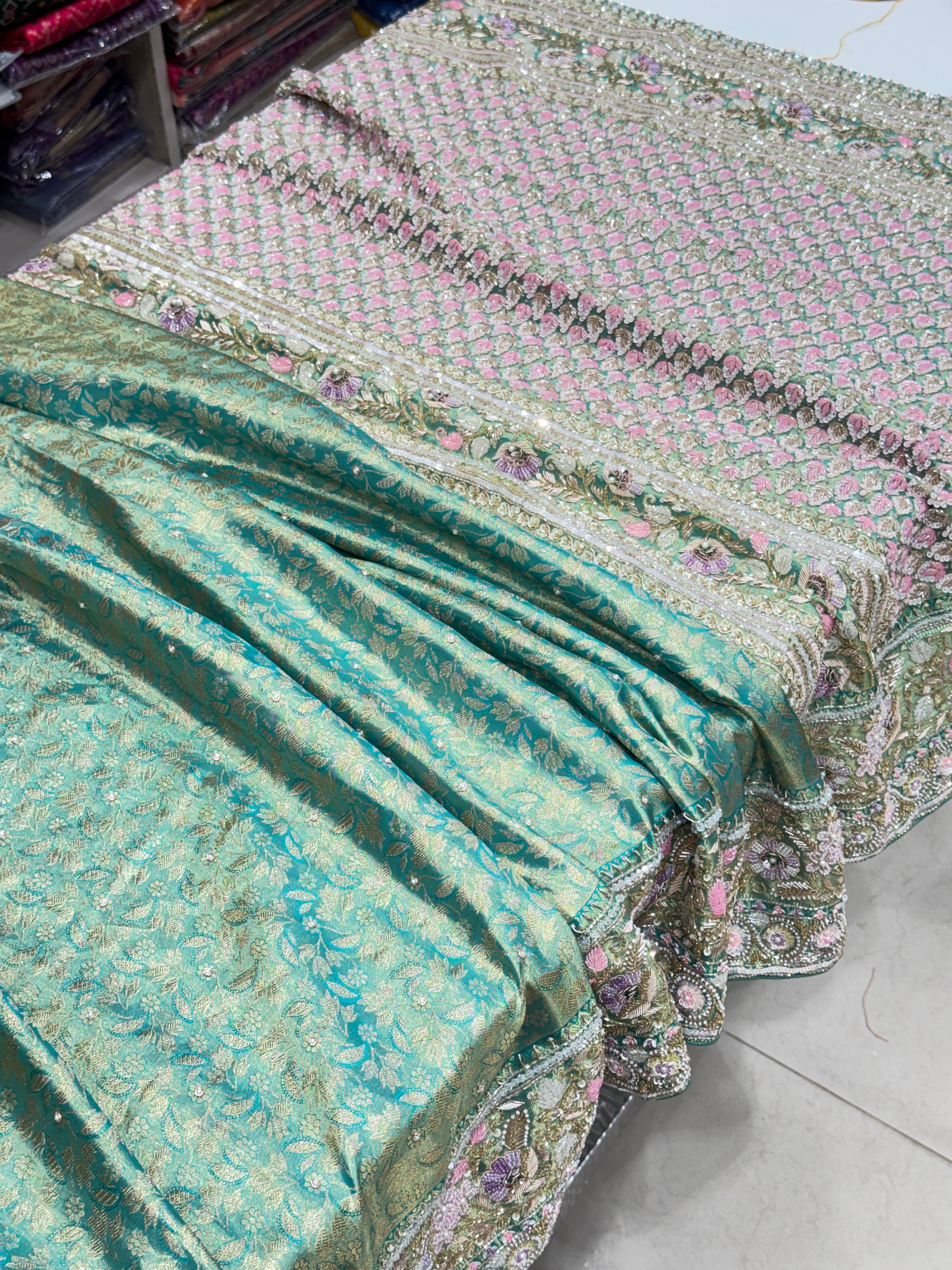 Pista Green Floral Tissue Kanjivaram Hand Embroidery Saree