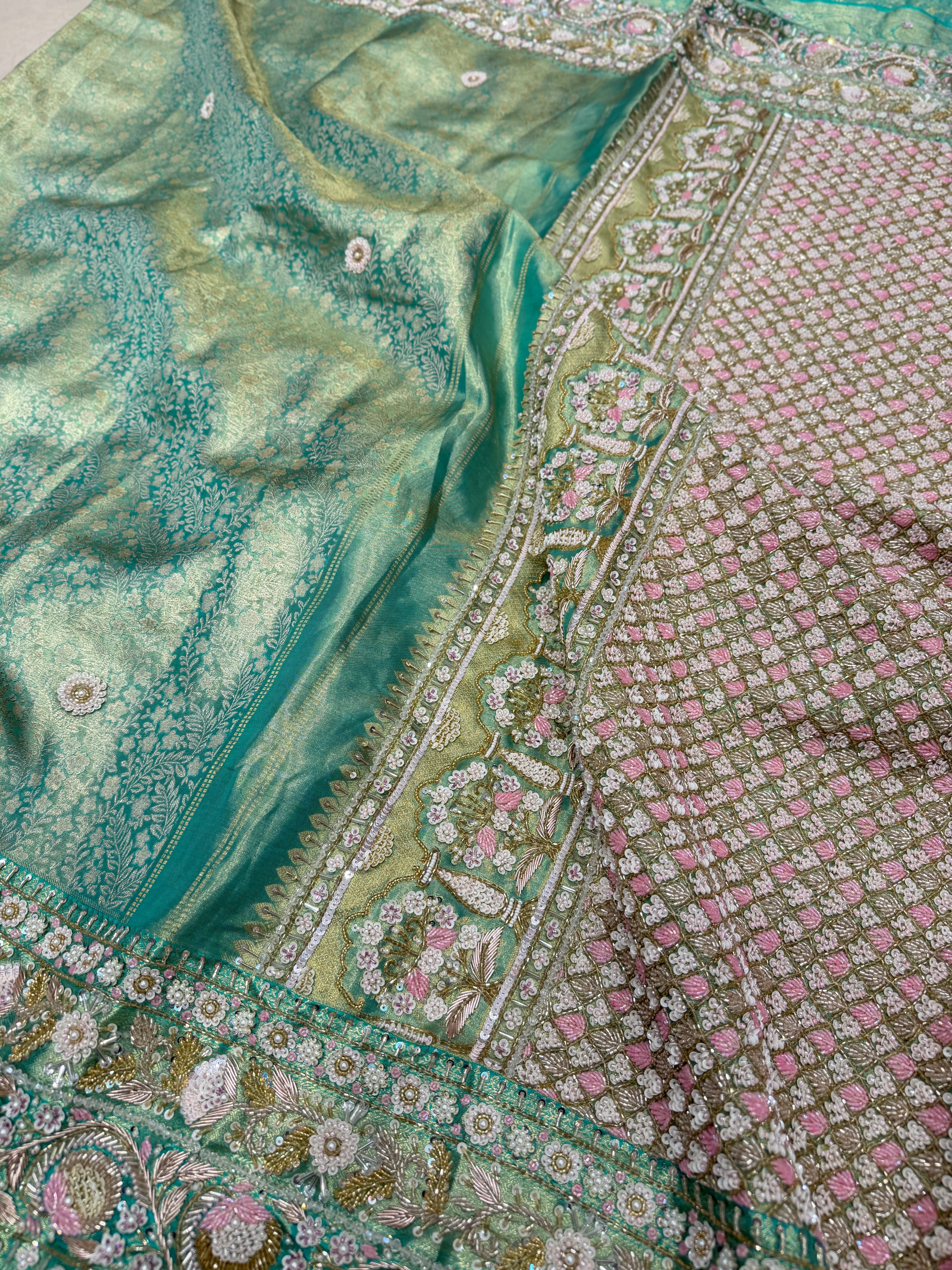 Pista Green Floral Tissue Kanjivaram Hand Embroidery Saree