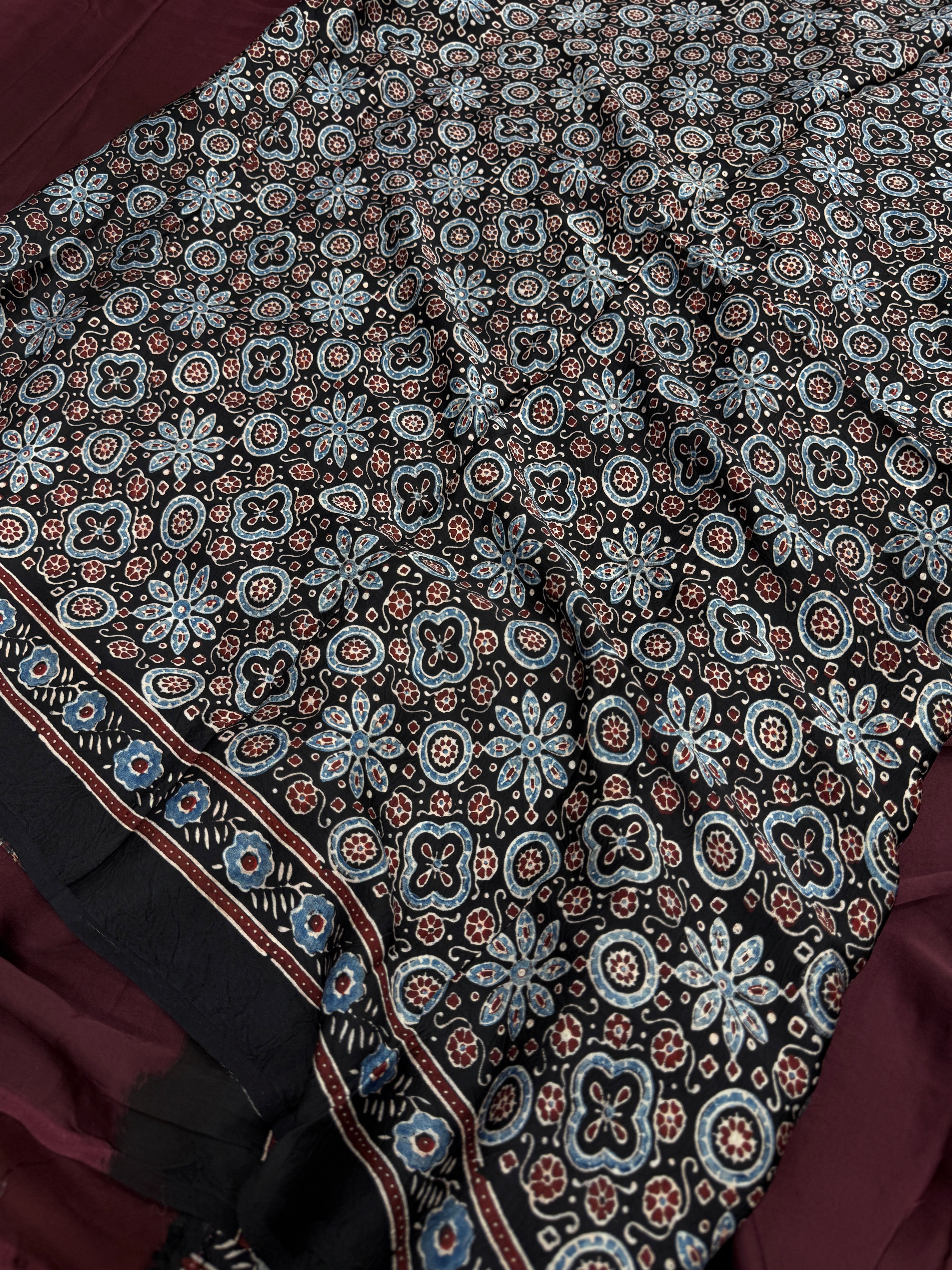 Wine Black Pallu Plain Modal Gajji Silk Ajrakh Saree