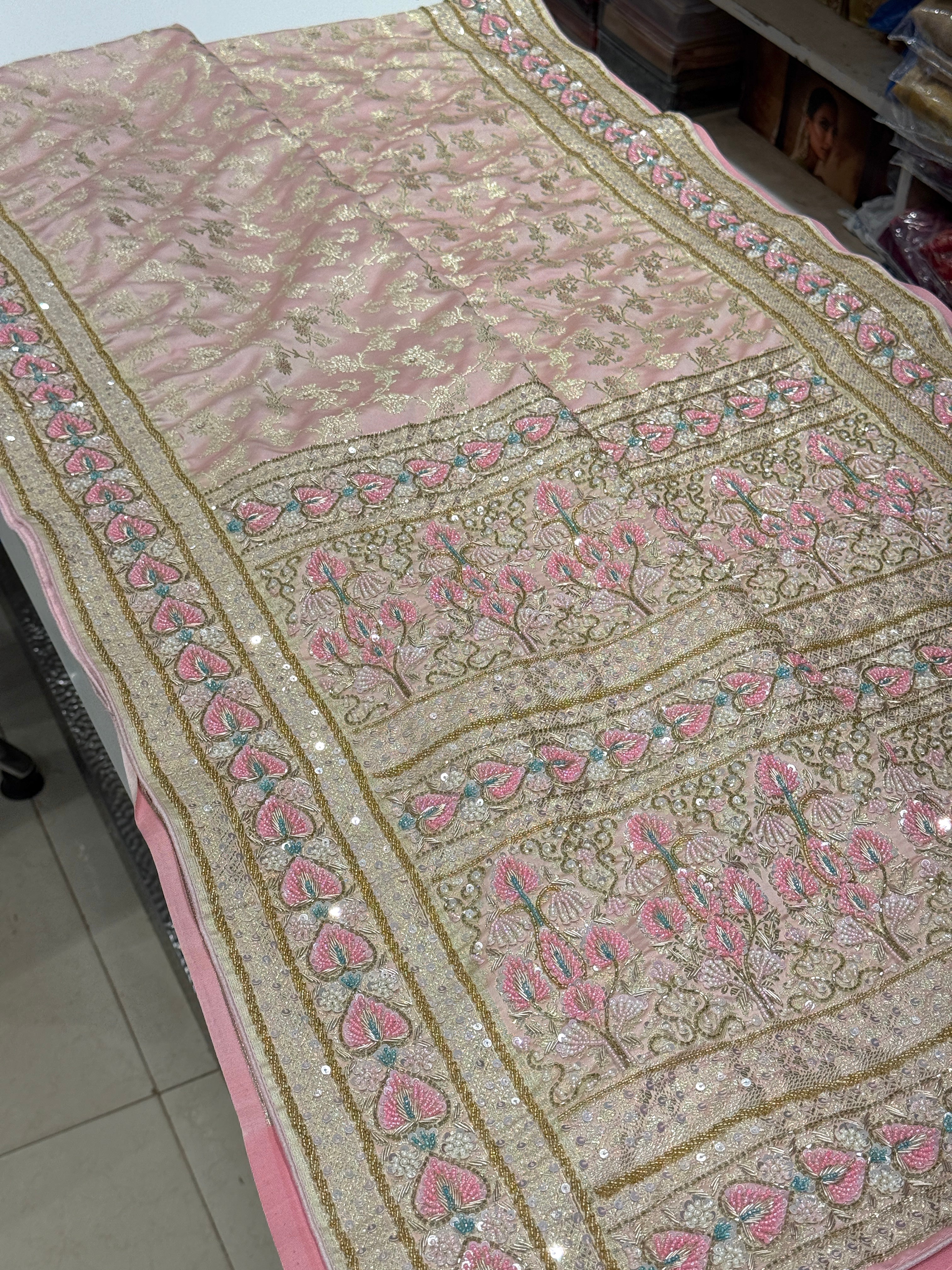 Pink Banarasi Silk Heart Border Fancy Hand Embroidery Saree