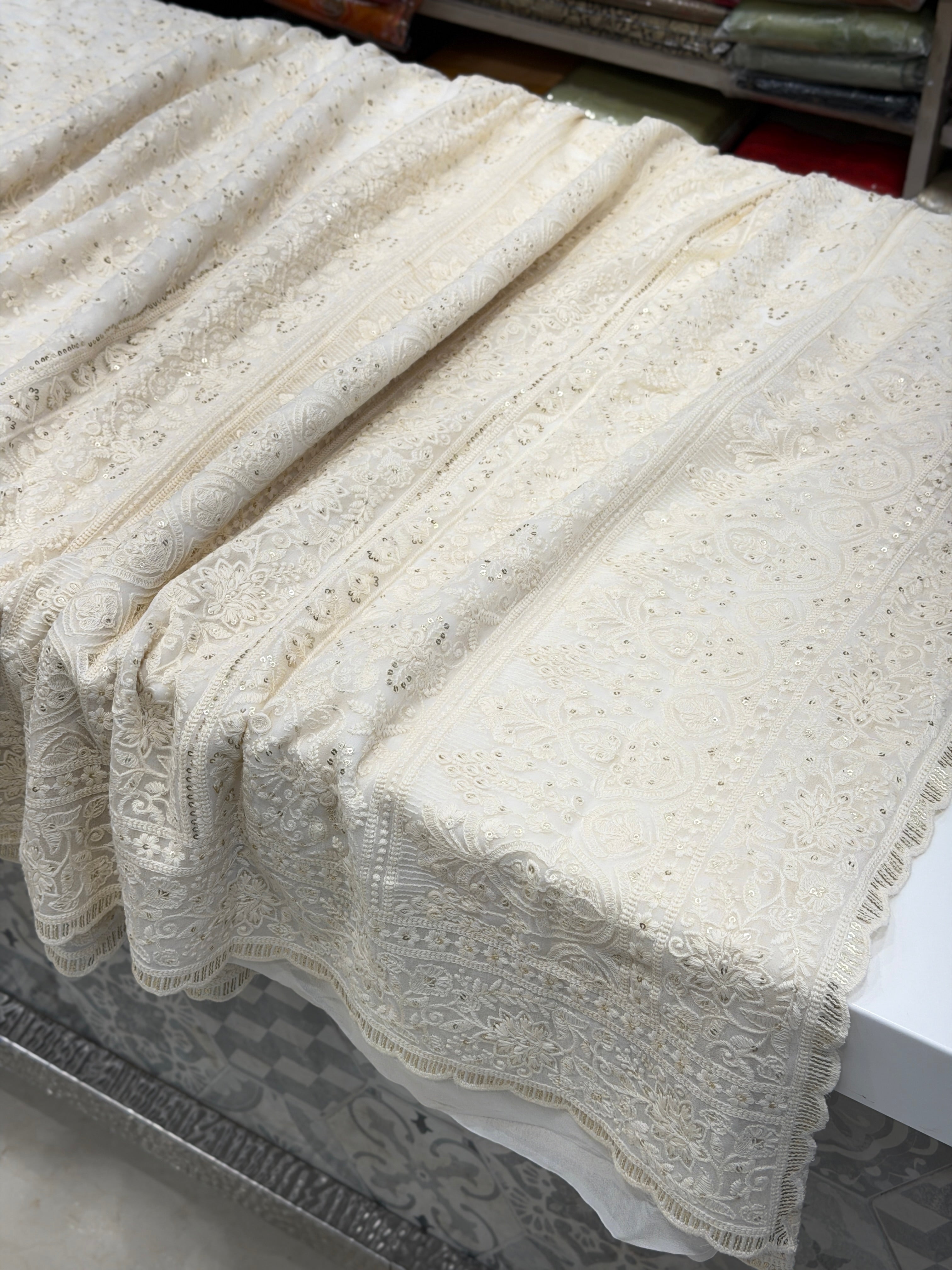 White Chikankari Embroidery Sikka Georgette Saree