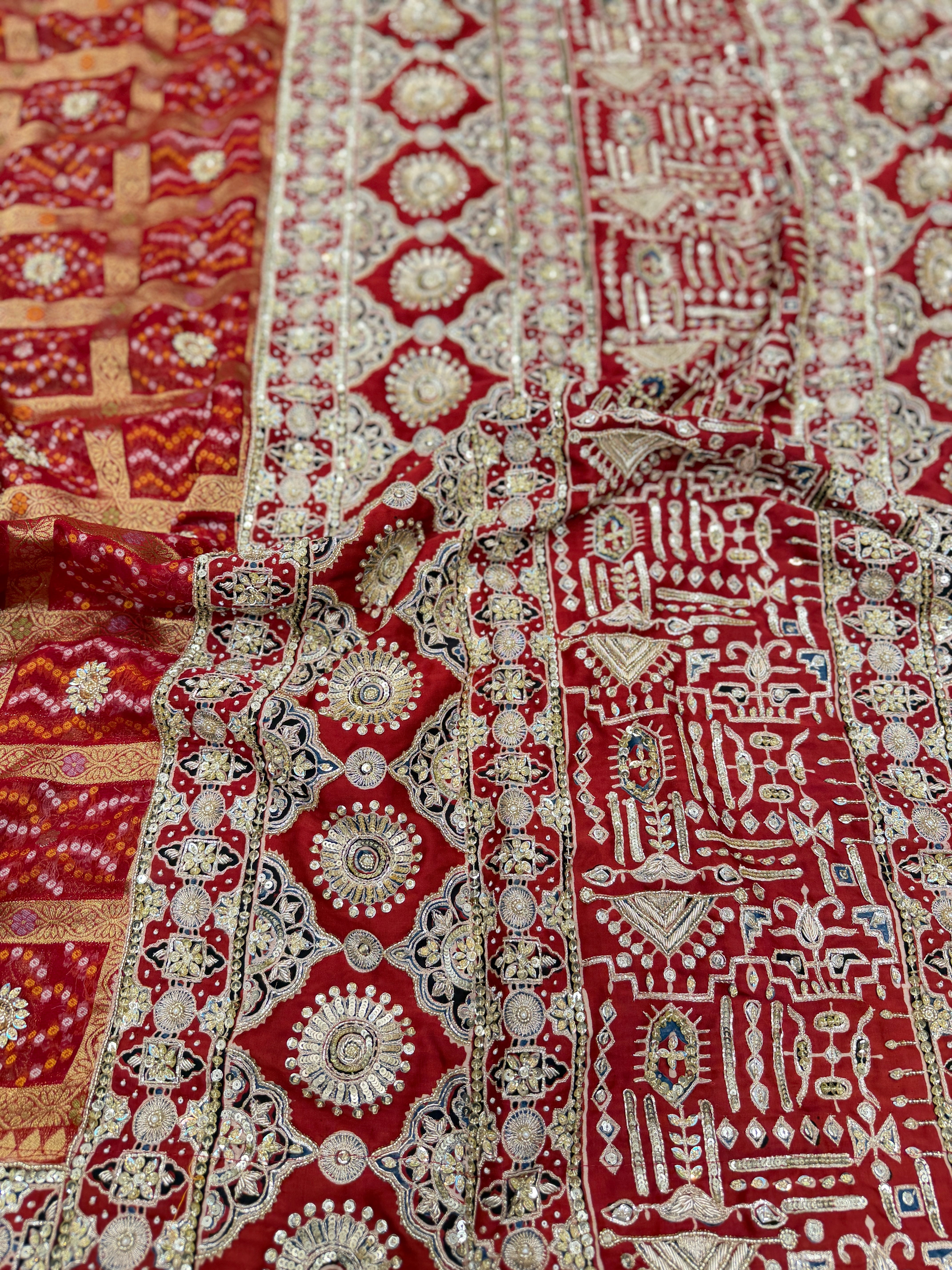 Red Gharchola Ajrakh Zardosi Pita Hand Embroidery Saree