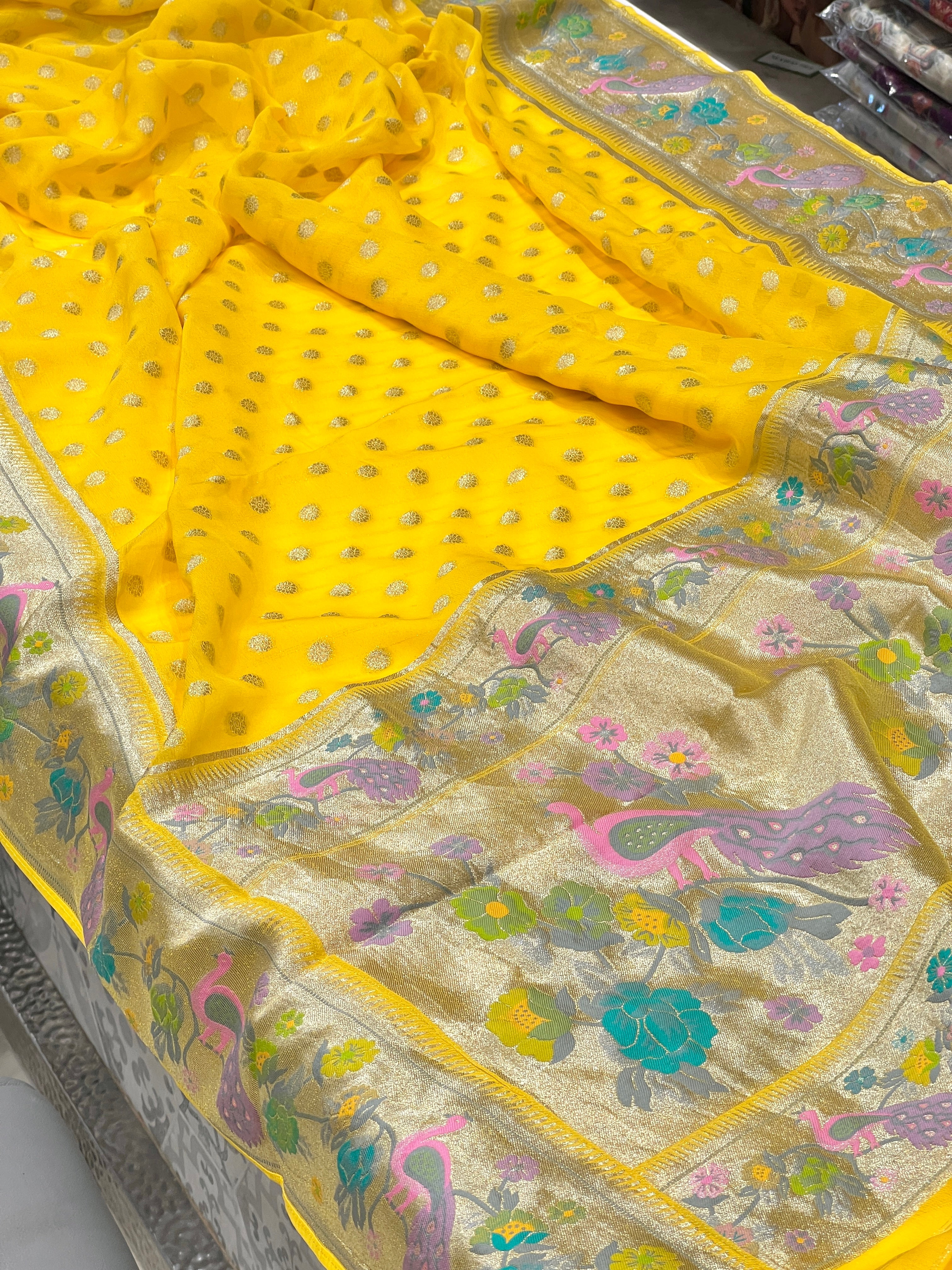 Yellow Georgette Paithani Buttis Saree