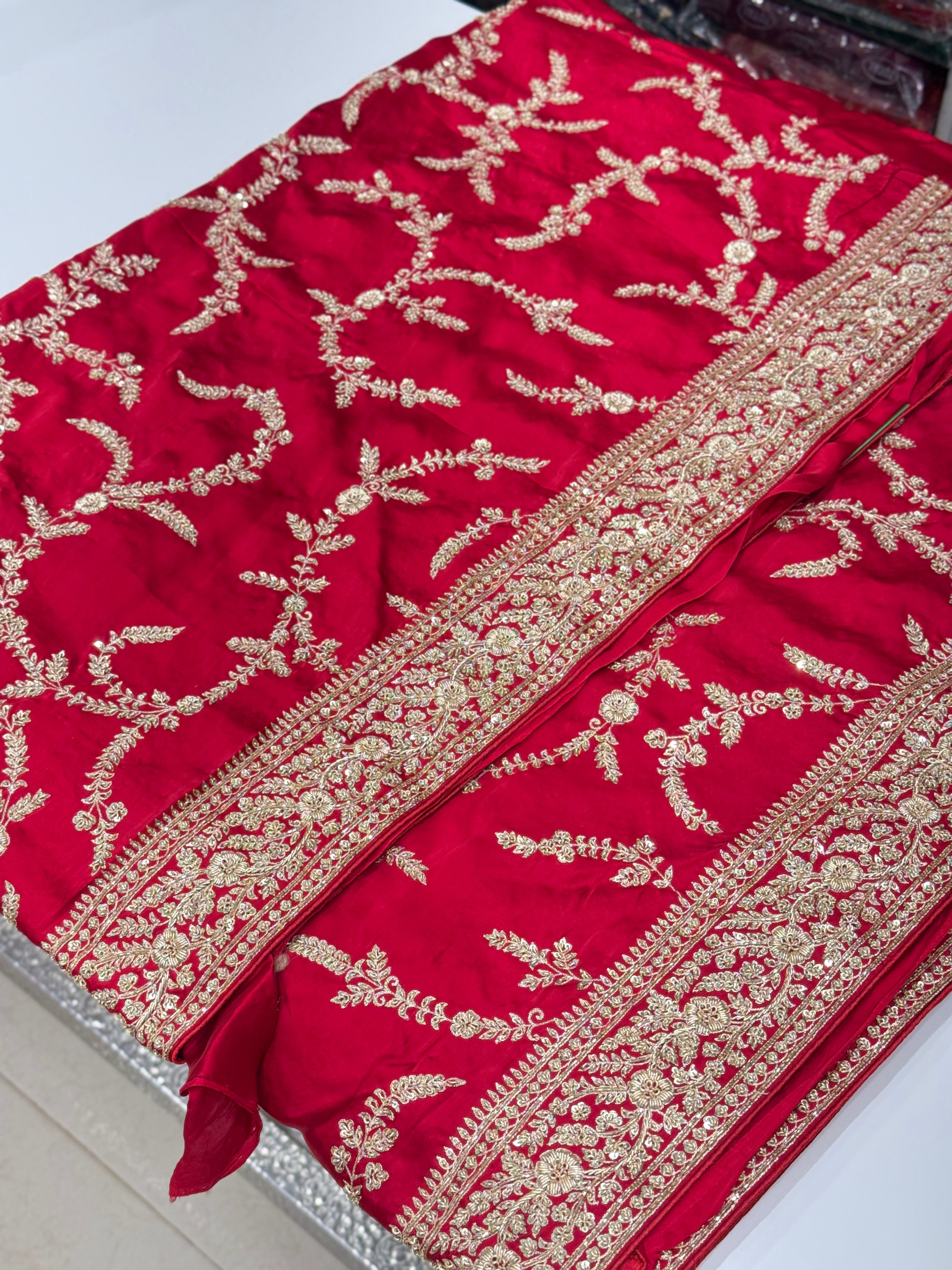 Red Hand Embroidery Jaal Pure Satin Zardosi Embroidery