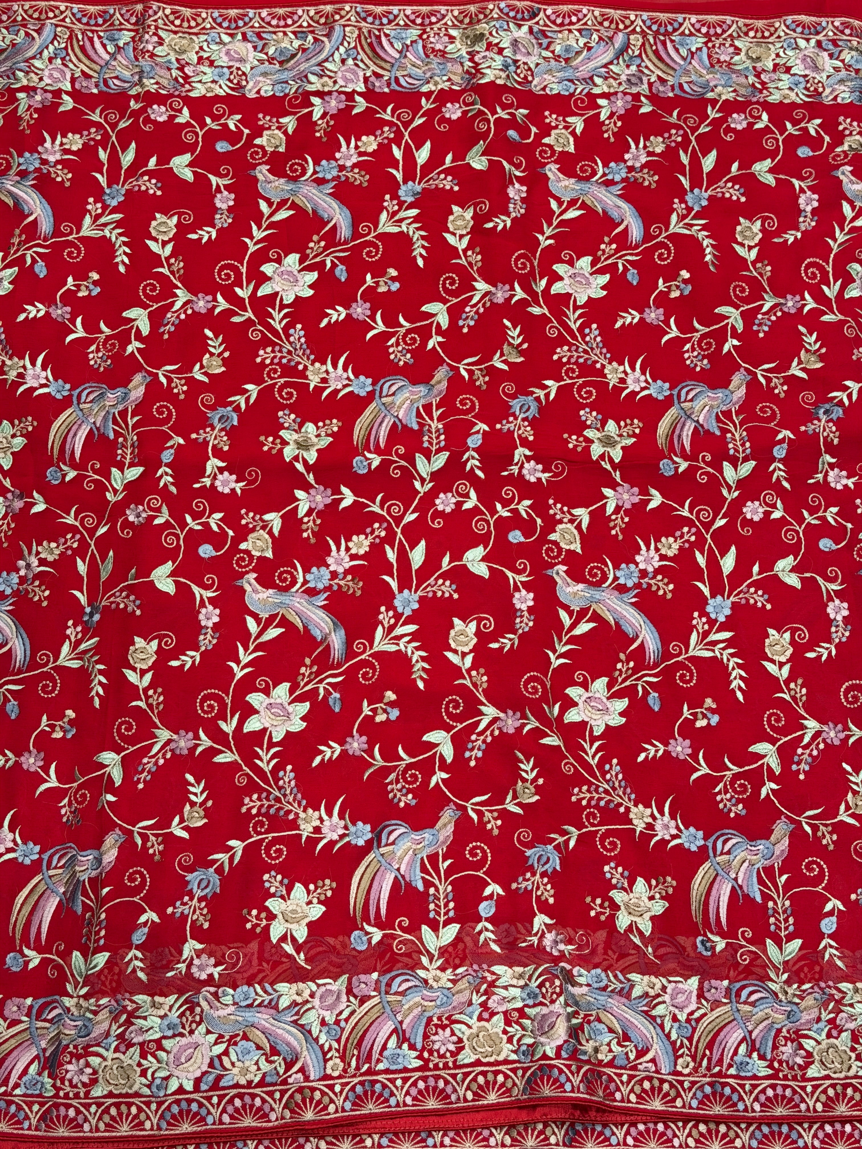 Red Georgette Meenakari Peacock Motif Jaal Parsi Gara Saree