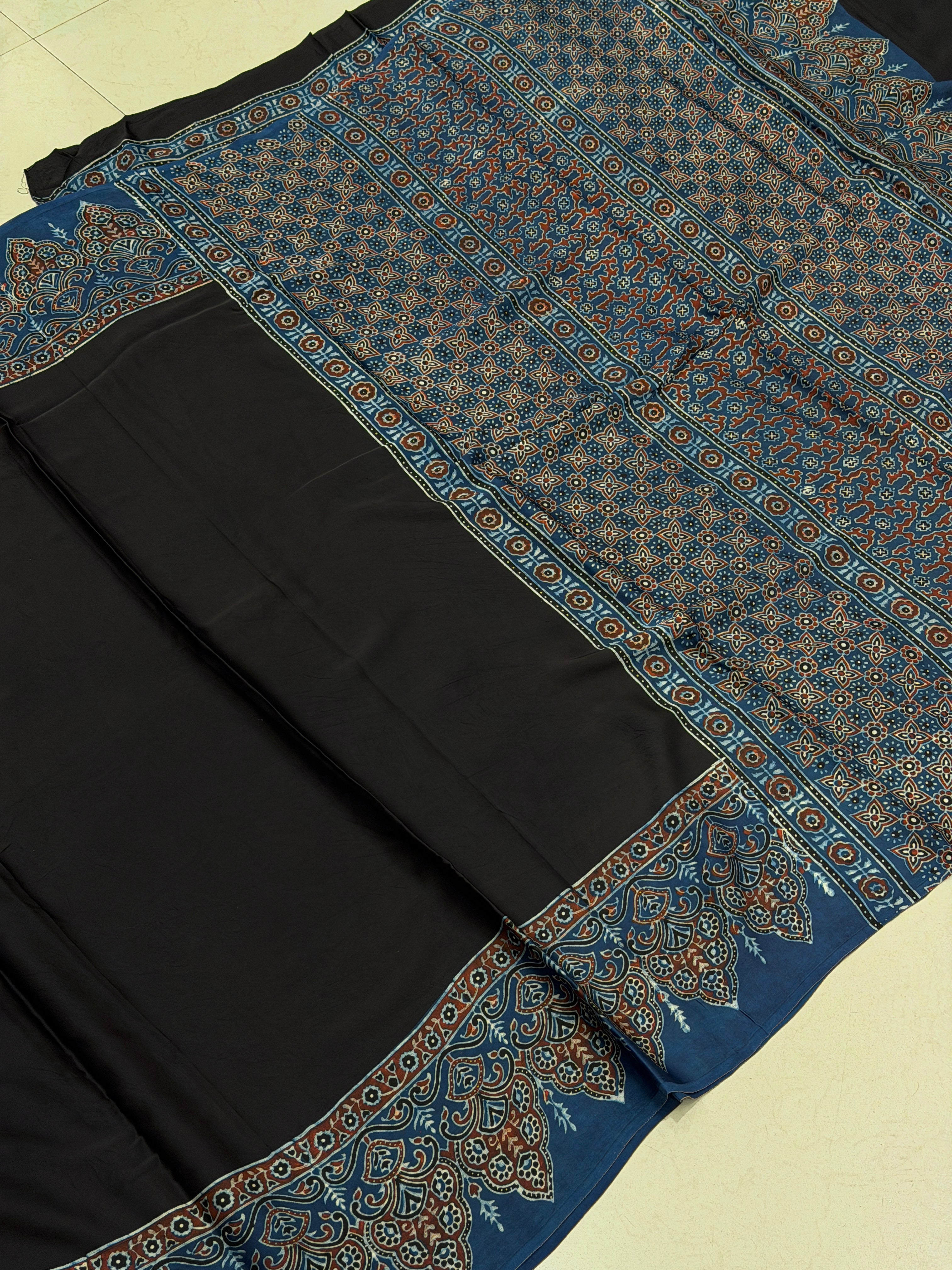 Black Plain Blue Border Ajrakh Hand Block Print Pure Modal Silk Saree