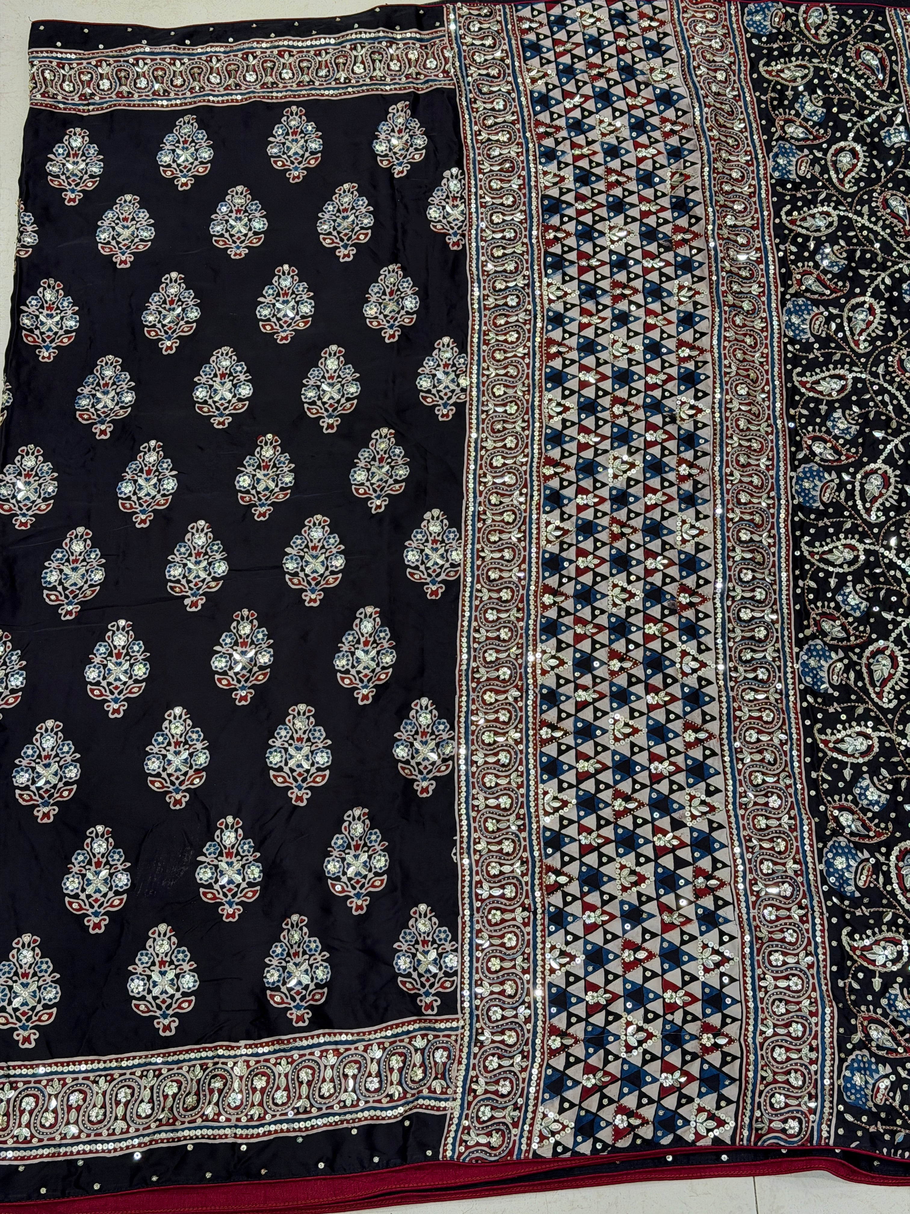 Black Buttas Ajrakh Sequin Moti Hand Embroidery Saree